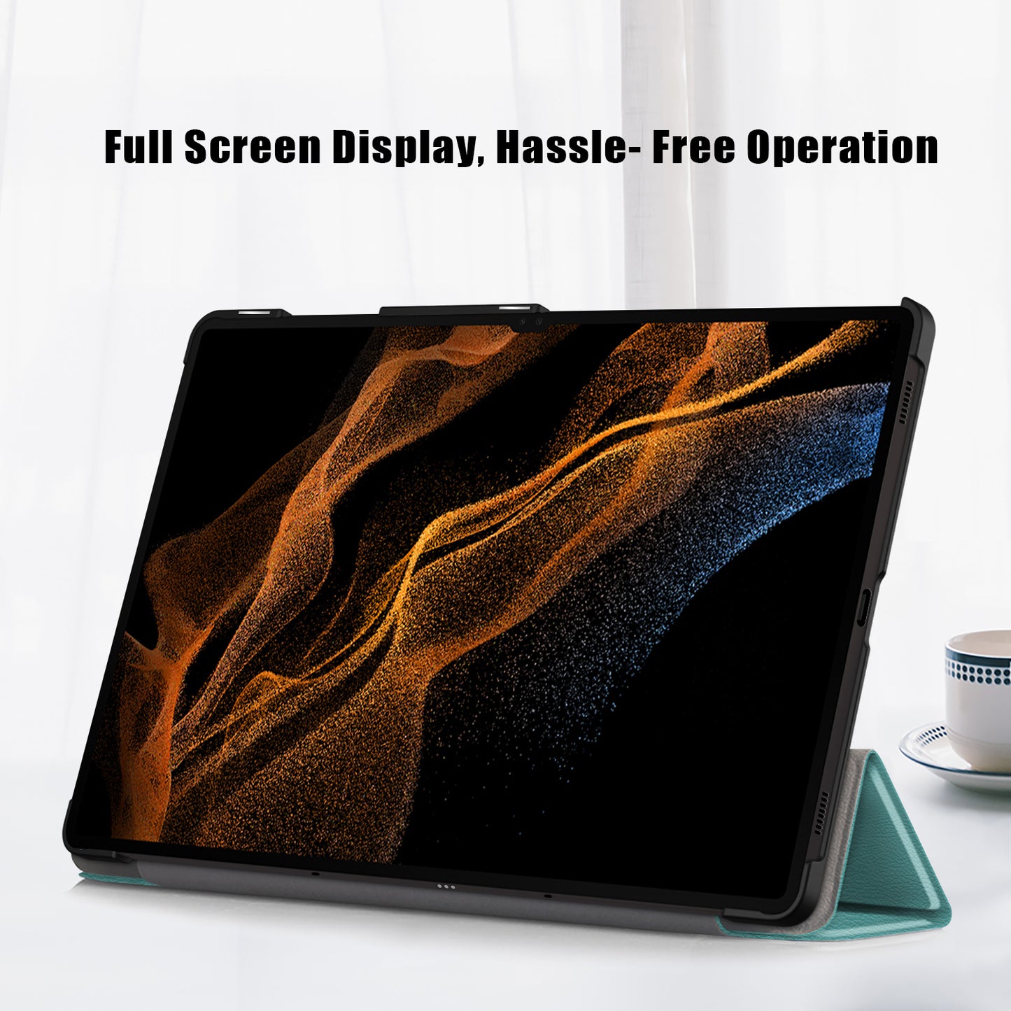 Leather Case for Samsung Galaxy Tab S9 Ultra SM-X910 M-X916B SM-X918U , Tri-fold Stand Anti-drop Tablet Cover - Blackish Green