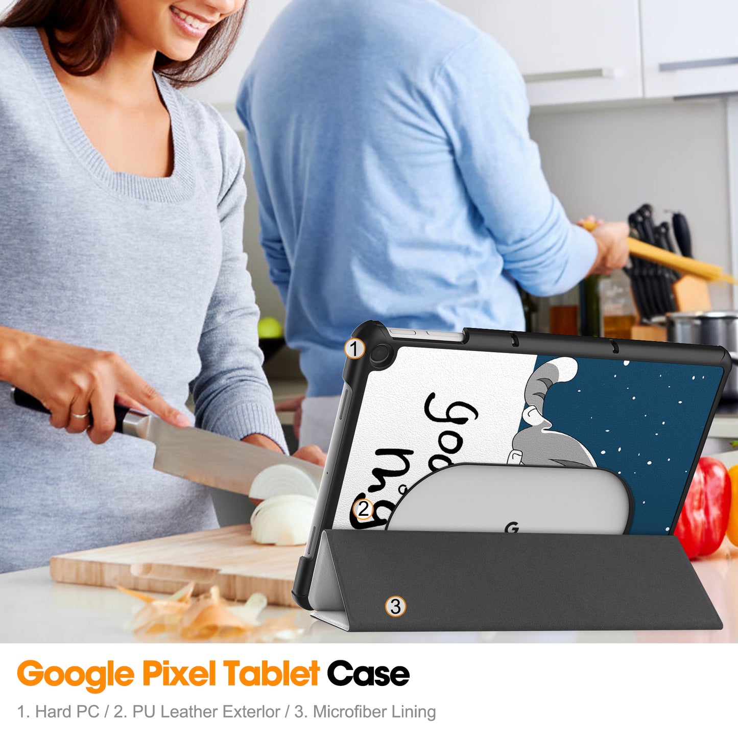 Trifold Stand PU Leather Case for Google Pixel Tablet , Pattern Printing Protective Tablet Cover - Cat