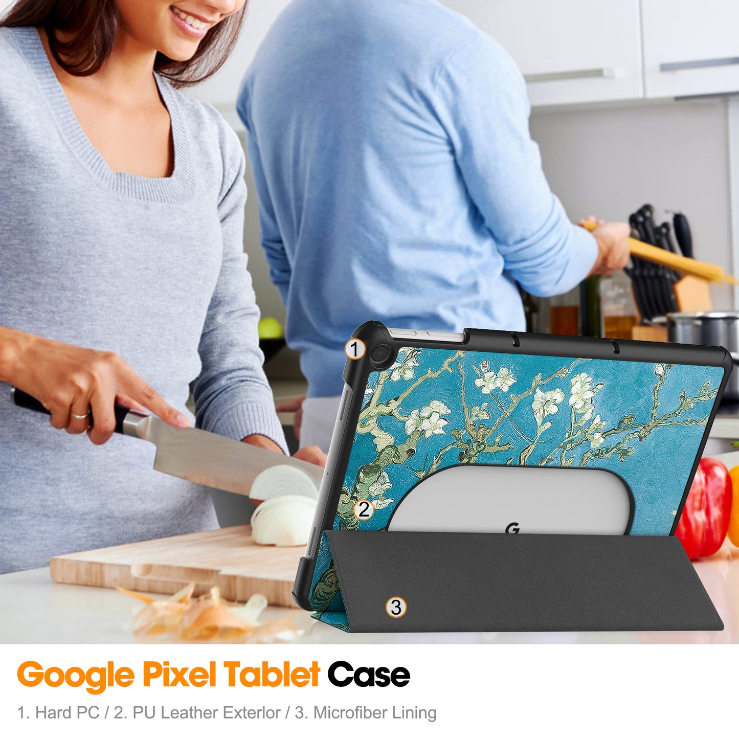 Trifold Stand PU Leather Case for Google Pixel Tablet , Pattern Printing Protective Tablet Cover - Apricot Blossom