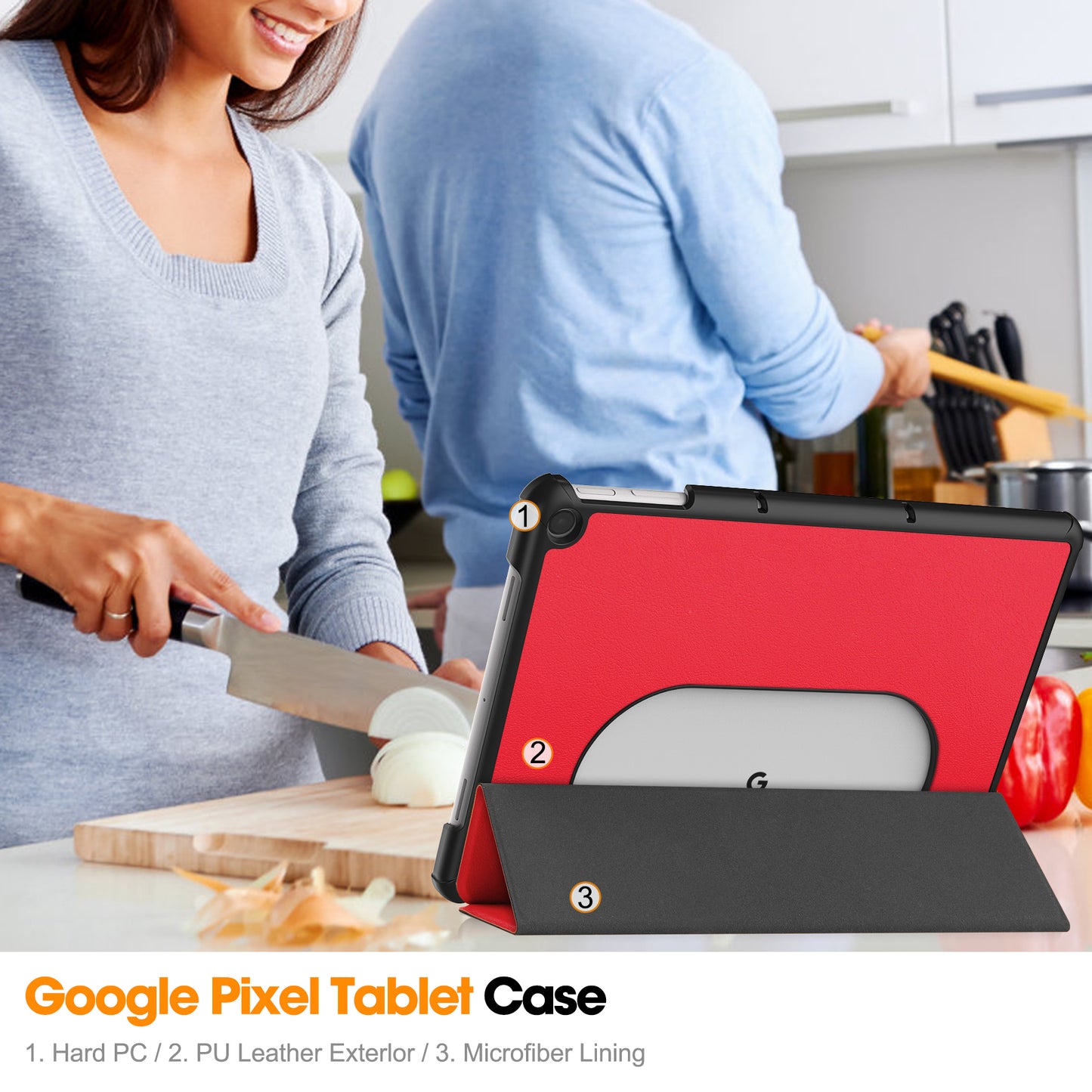 Uniqkart for Google Pixel Tablet Tri-fold Stand Tablet Case PU Leather Anti-drop Tablet Cover - Red