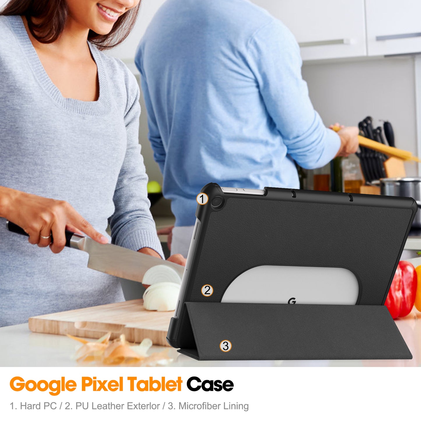 Uniqkart for Google Pixel Tablet Tri-fold Stand Tablet Case PU Leather Anti-drop Tablet Cover - Black