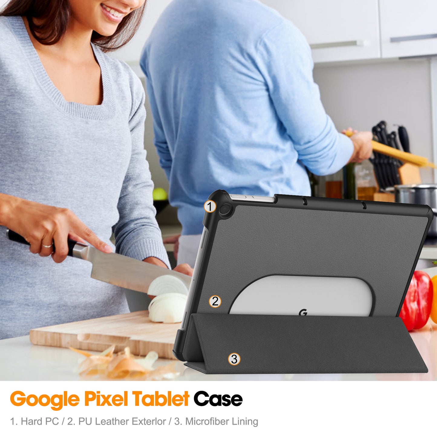 Uniqkart for Google Pixel Tablet Tri-fold Stand Tablet Case PU Leather Anti-drop Tablet Cover - Grey