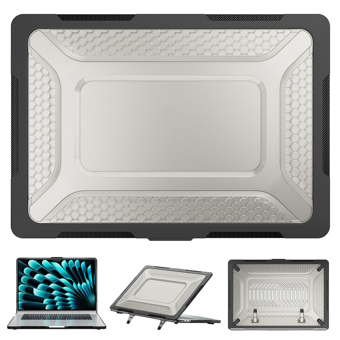 For Macbook Air 15 inch (2023) M2 A2941 Anti-slip Laptop Case Honeycomb Heat Dissipation Kickstand PC+TPU Cover - Black