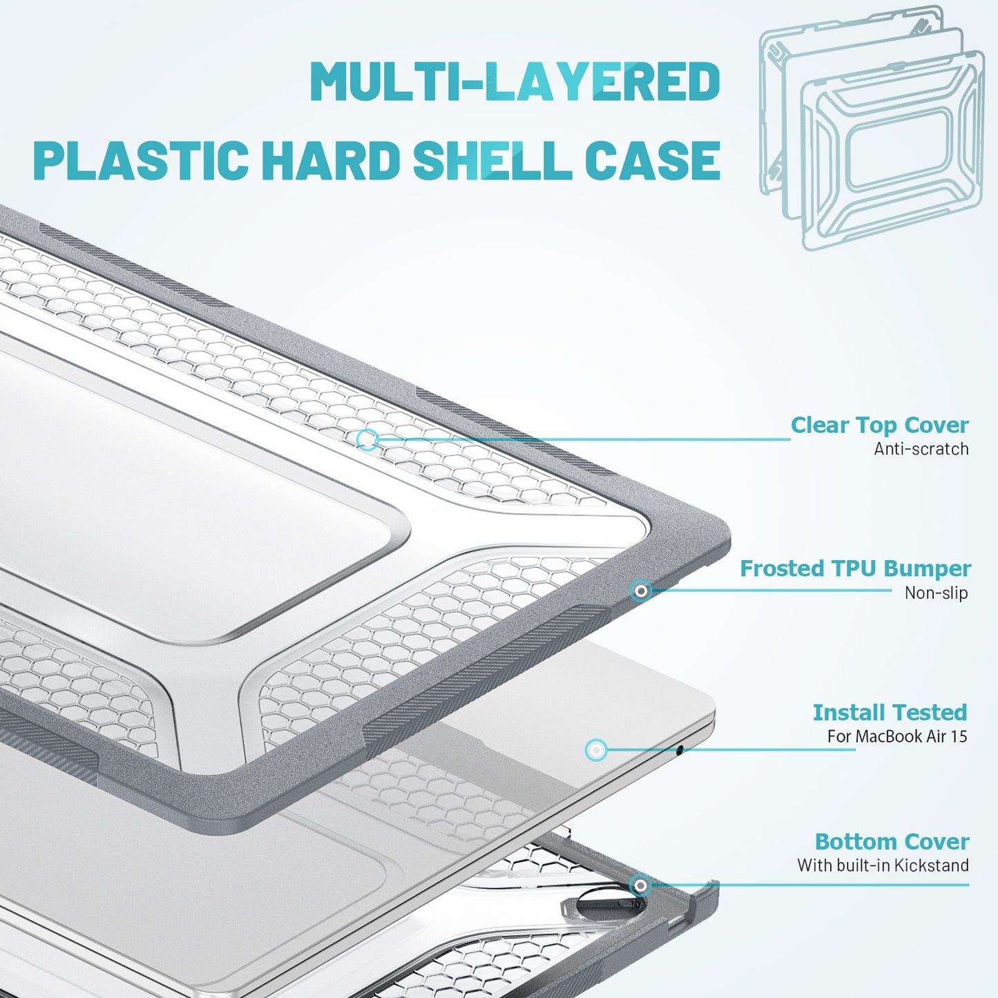 For Macbook Air 15 inch (2023) M2 A2941 Anti-slip Laptop Case Honeycomb Heat Dissipation Kickstand PC+TPU Cover - Grey