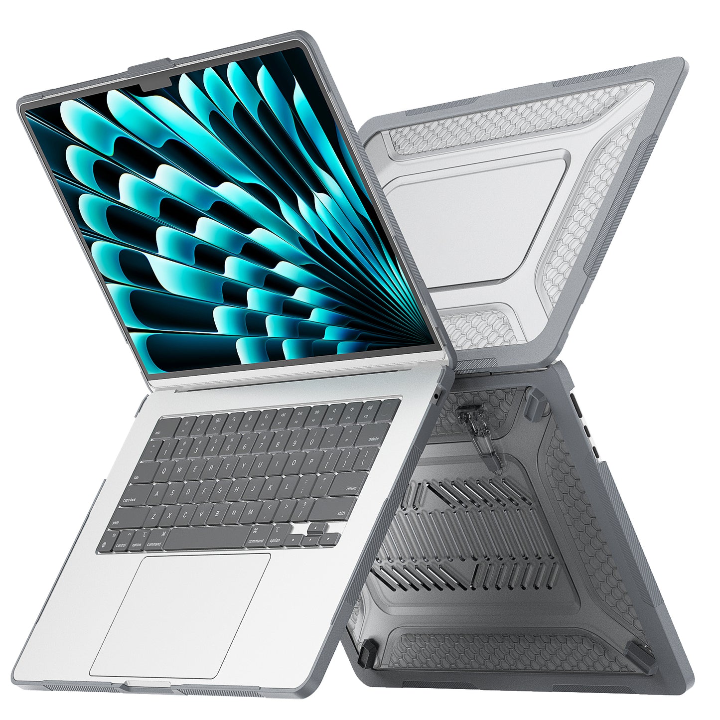 For Macbook Air 15 inch (2023) M2 A2941 Anti-slip Laptop Case Honeycomb Heat Dissipation Kickstand PC+TPU Cover - Grey