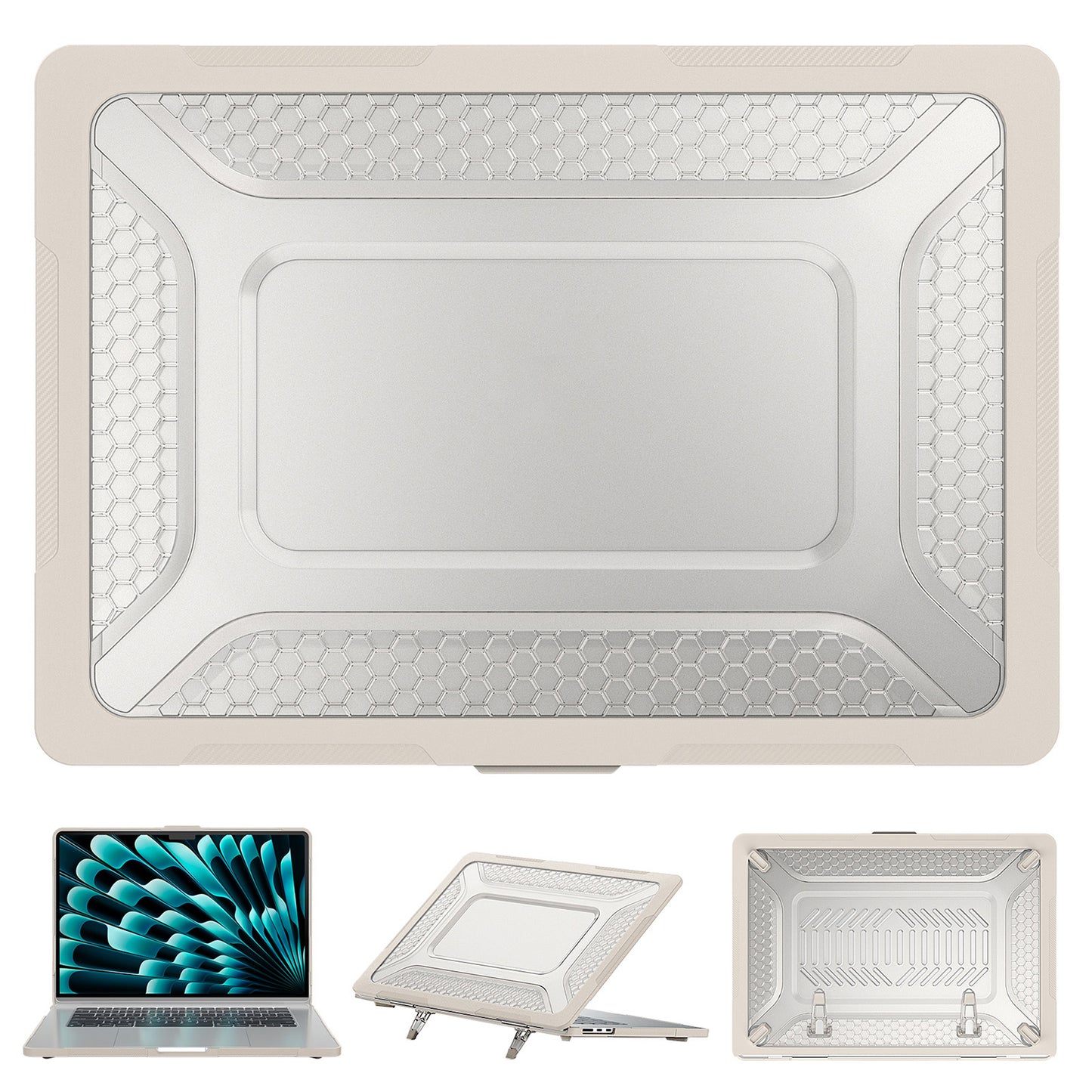 For Macbook Air 15 inch (2023) M2 A2941 Anti-slip Laptop Case Honeycomb Heat Dissipation Kickstand PC+TPU Cover - Apricot