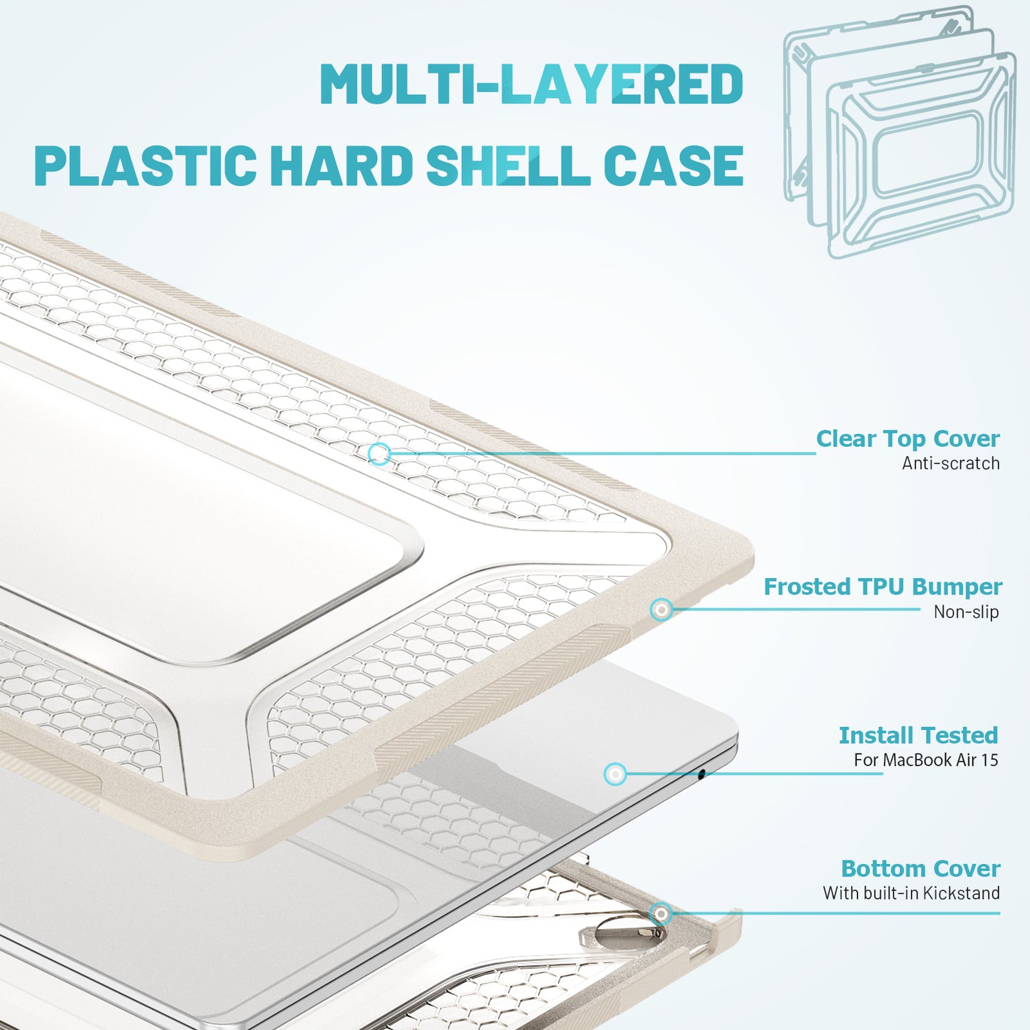 For Macbook Air 15 inch (2023) M2 A2941 Anti-slip Laptop Case Honeycomb Heat Dissipation Kickstand PC+TPU Cover - Apricot