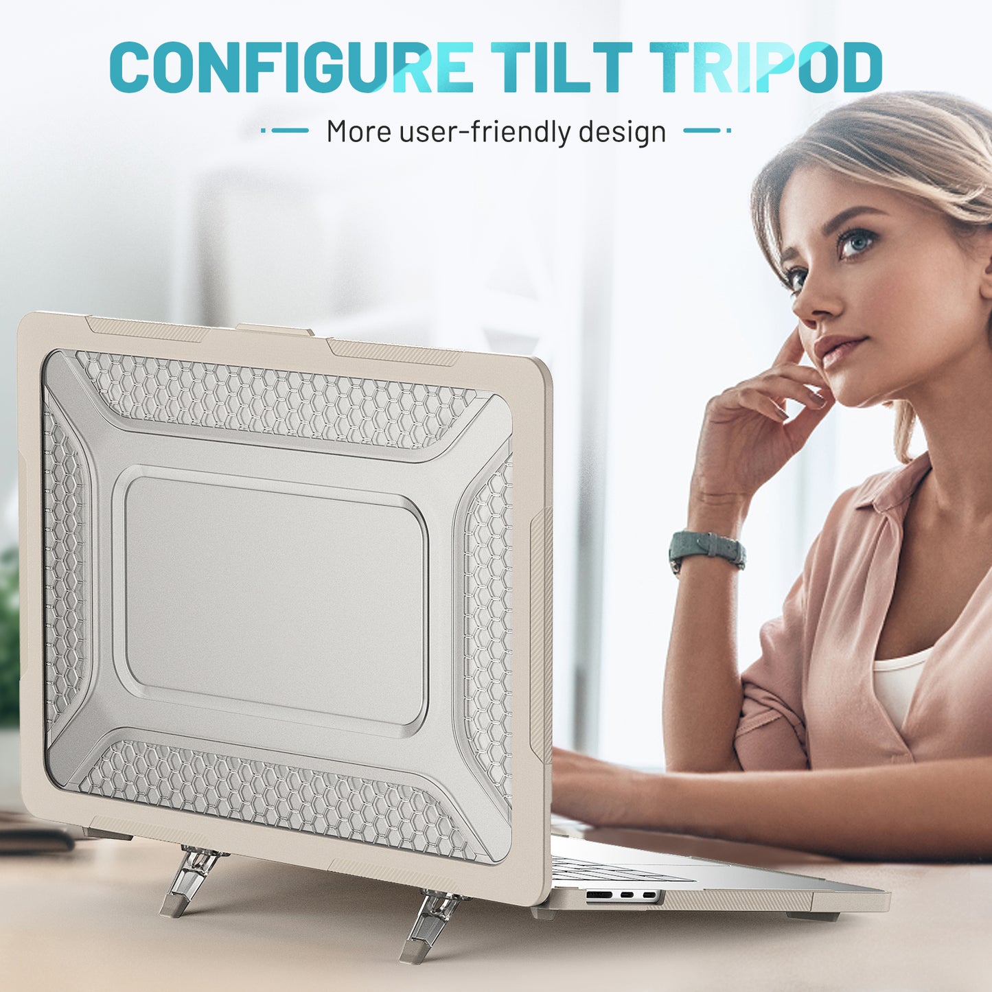 For Macbook Air 15 inch (2023) M2 A2941 Anti-slip Laptop Case Honeycomb Heat Dissipation Kickstand PC+TPU Cover - Apricot