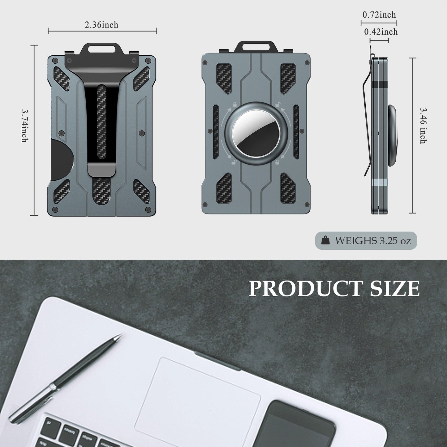 KB002 Multifunction Metal Card Holder for Apple AirTag, Clip-on Design Card Protection Case Card Carrying Pouch - Grey