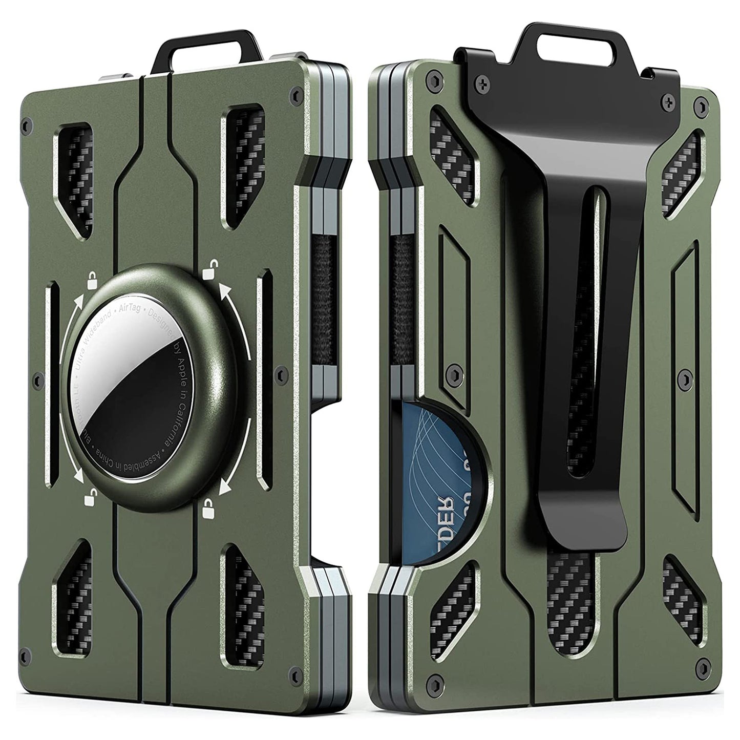 KB002 Multifunction Metal Card Holder for Apple AirTag, Clip-on Design Card Protection Case Card Carrying Pouch - Army Green