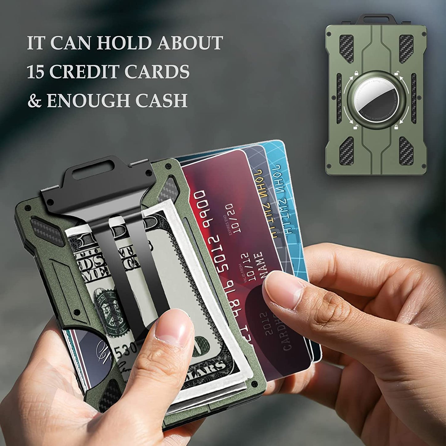 KB002 Multifunction Metal Card Holder for Apple AirTag, Clip-on Design Card Protection Case Card Carrying Pouch - Army Green