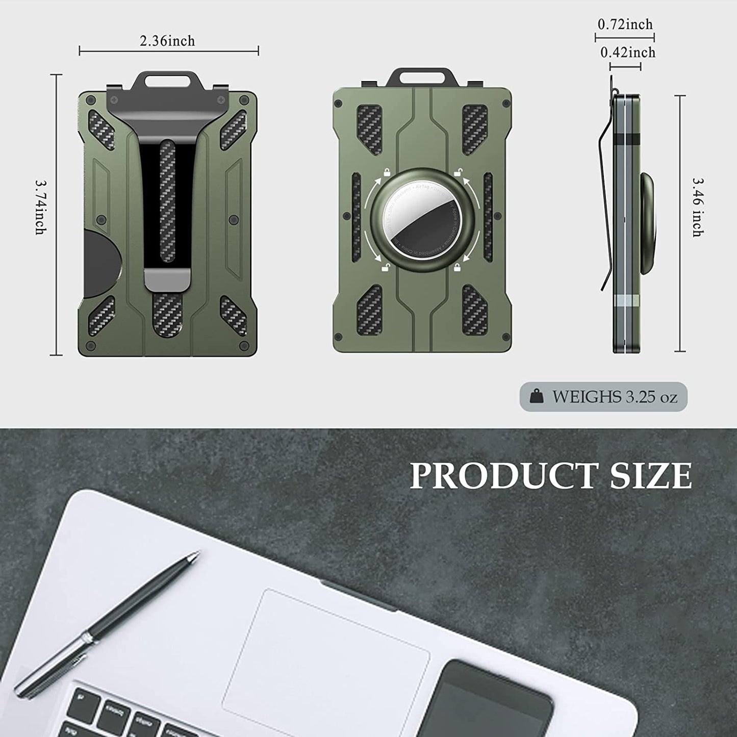KB002 Multifunction Metal Card Holder for Apple AirTag, Clip-on Design Card Protection Case Card Carrying Pouch - Army Green
