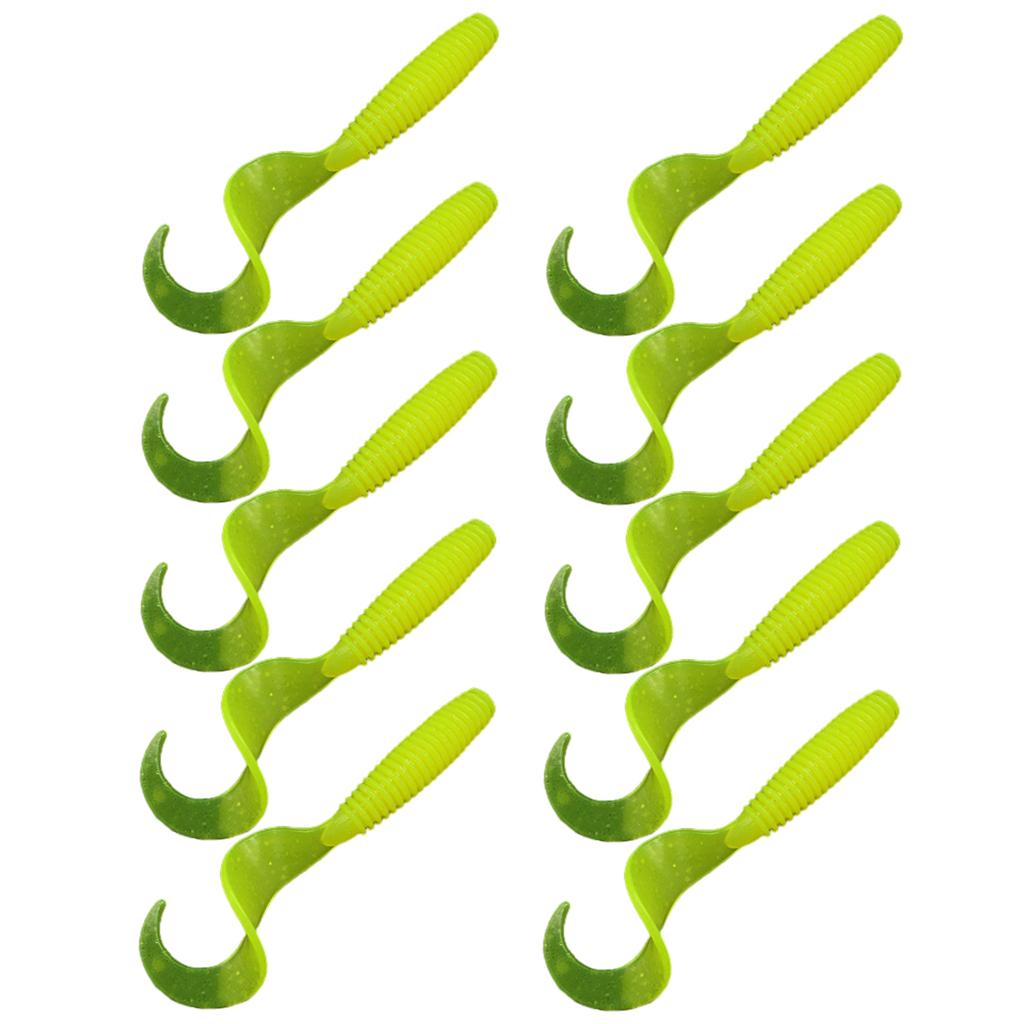 10Pc Luminous Plastic Grub Soft Worm Fishing Lure Micro Jig Head Tool Yellow