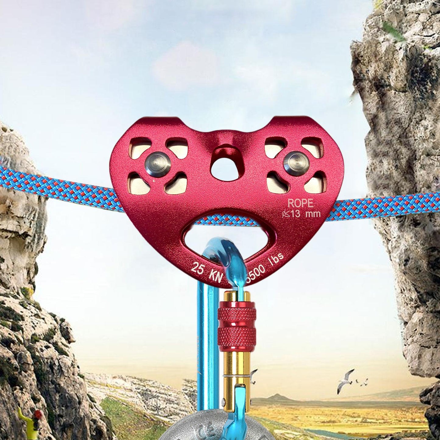 25KN Climbing Double Pulley Trolley Aluminum Alloy Arborist Rock Climbing Red