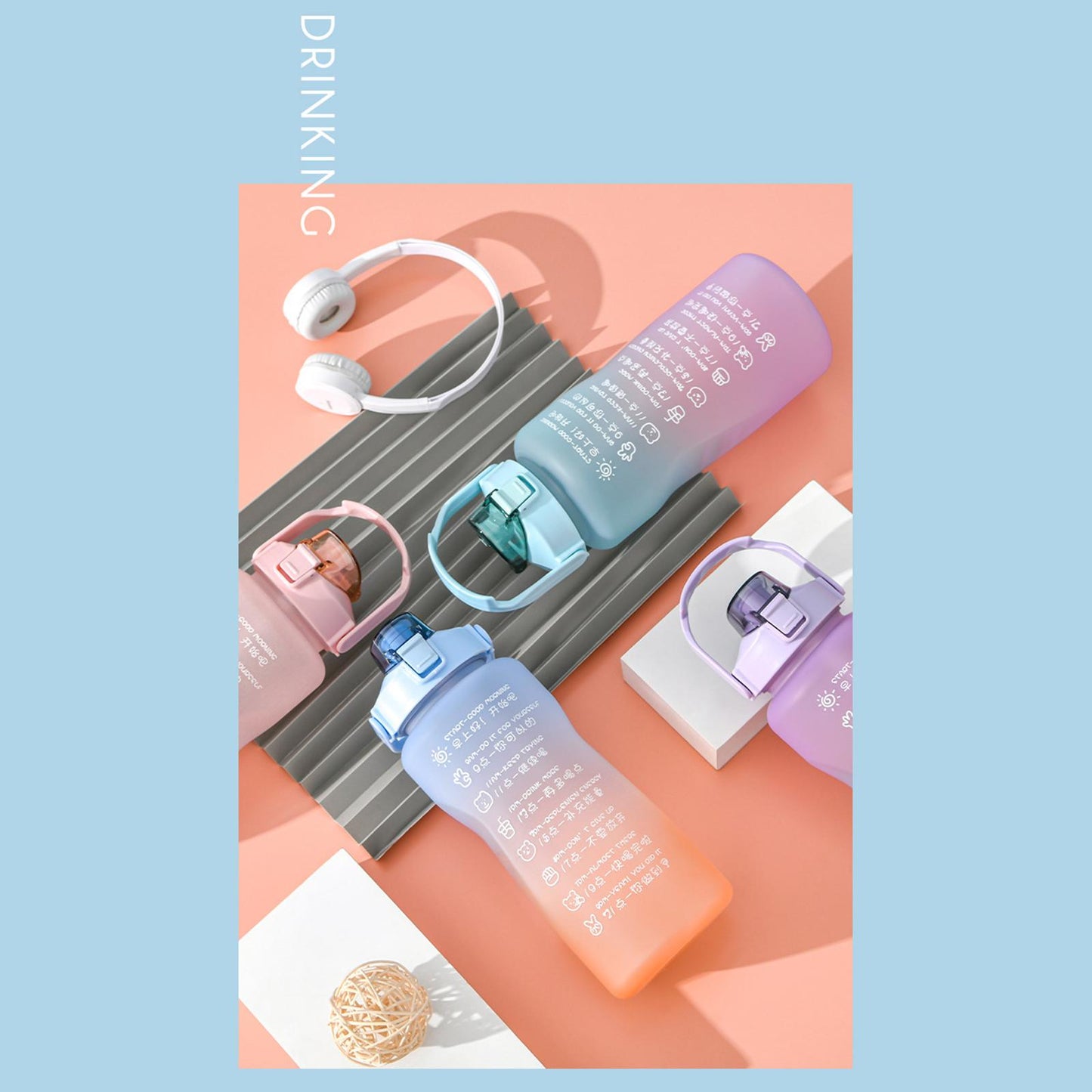 2L Sport Water Bottle Portable Large Capacity Drinking Cup with Straw Blue