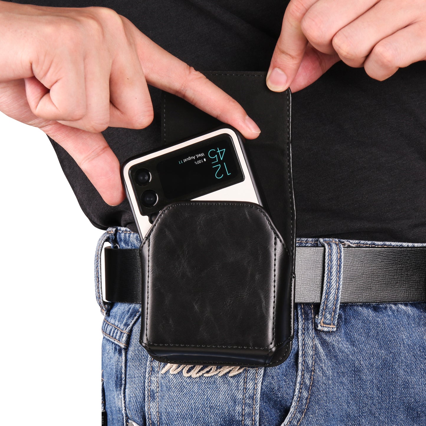 Uniqkart for Samsung Galaxy Z Flip3 5G / Z Flip4 5G / Z Flip5 5G Crazy Horse PU Leather Phone Belt Bag Wasit Phone Holster Pouch - Black