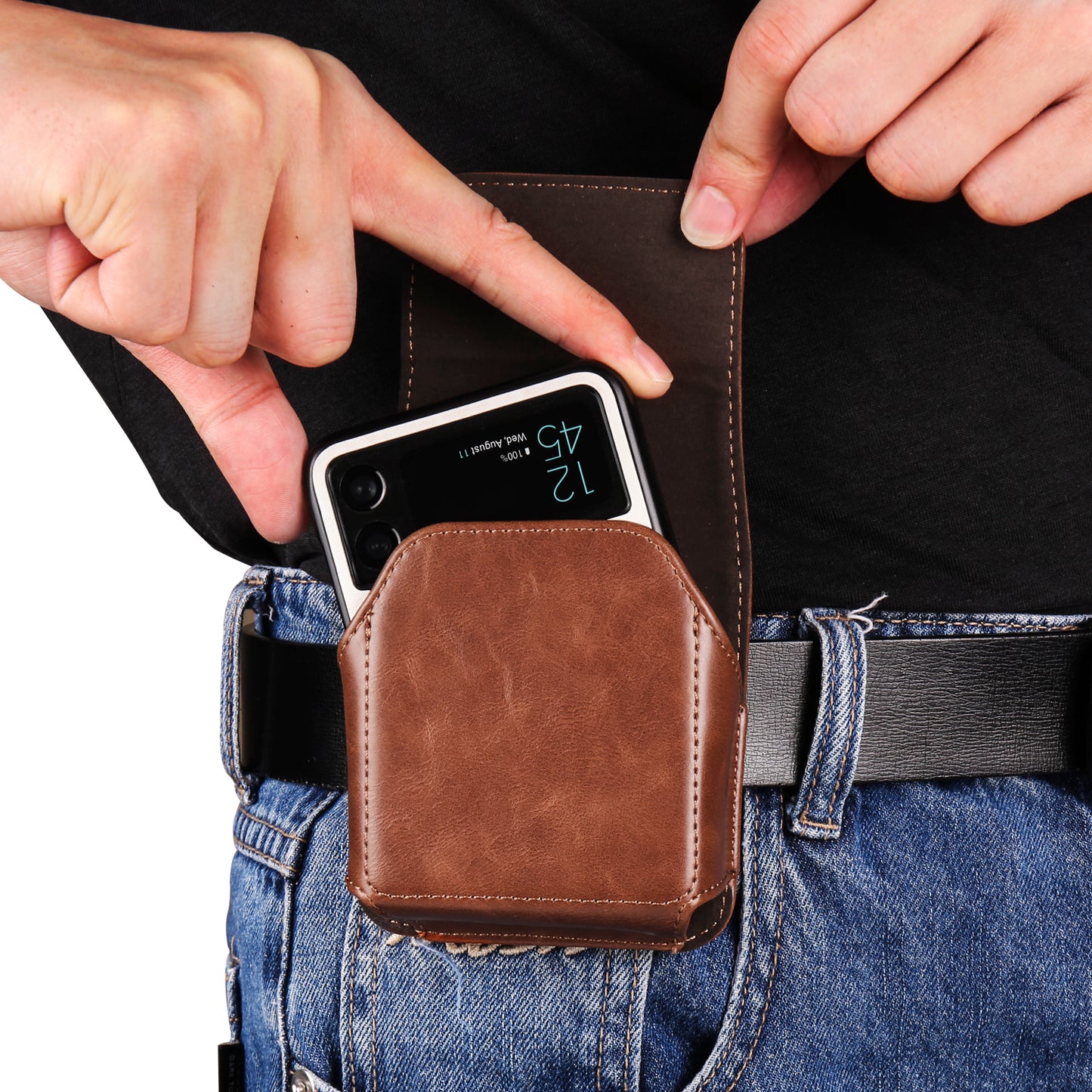 Uniqkart for Samsung Galaxy Z Flip3 5G / Z Flip4 5G / Z Flip5 5G Crazy Horse PU Leather Phone Belt Bag Wasit Phone Holster Pouch - Light Brown