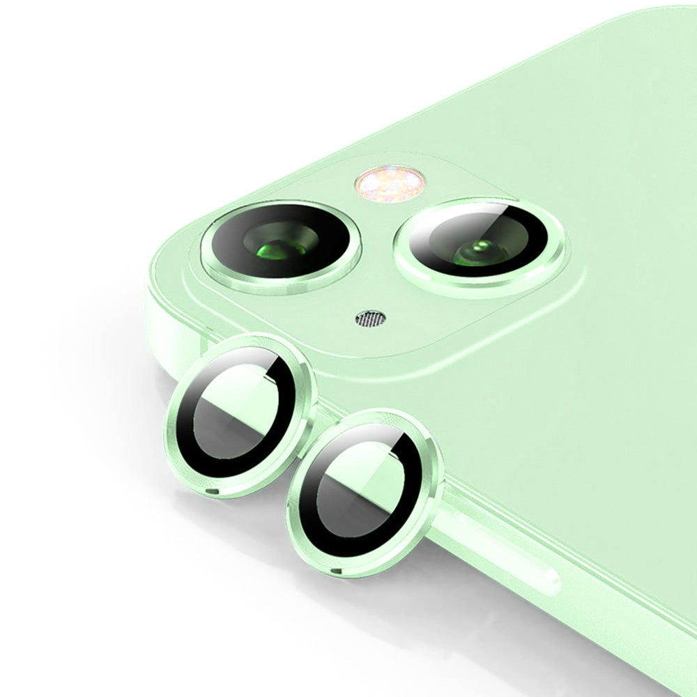 Uniqkart For iPhone 15 / 15 Plus 1 Set Camera Lens Protector Tempered Glass + Aluminum Alloy Ring Rear Lens Film - Green