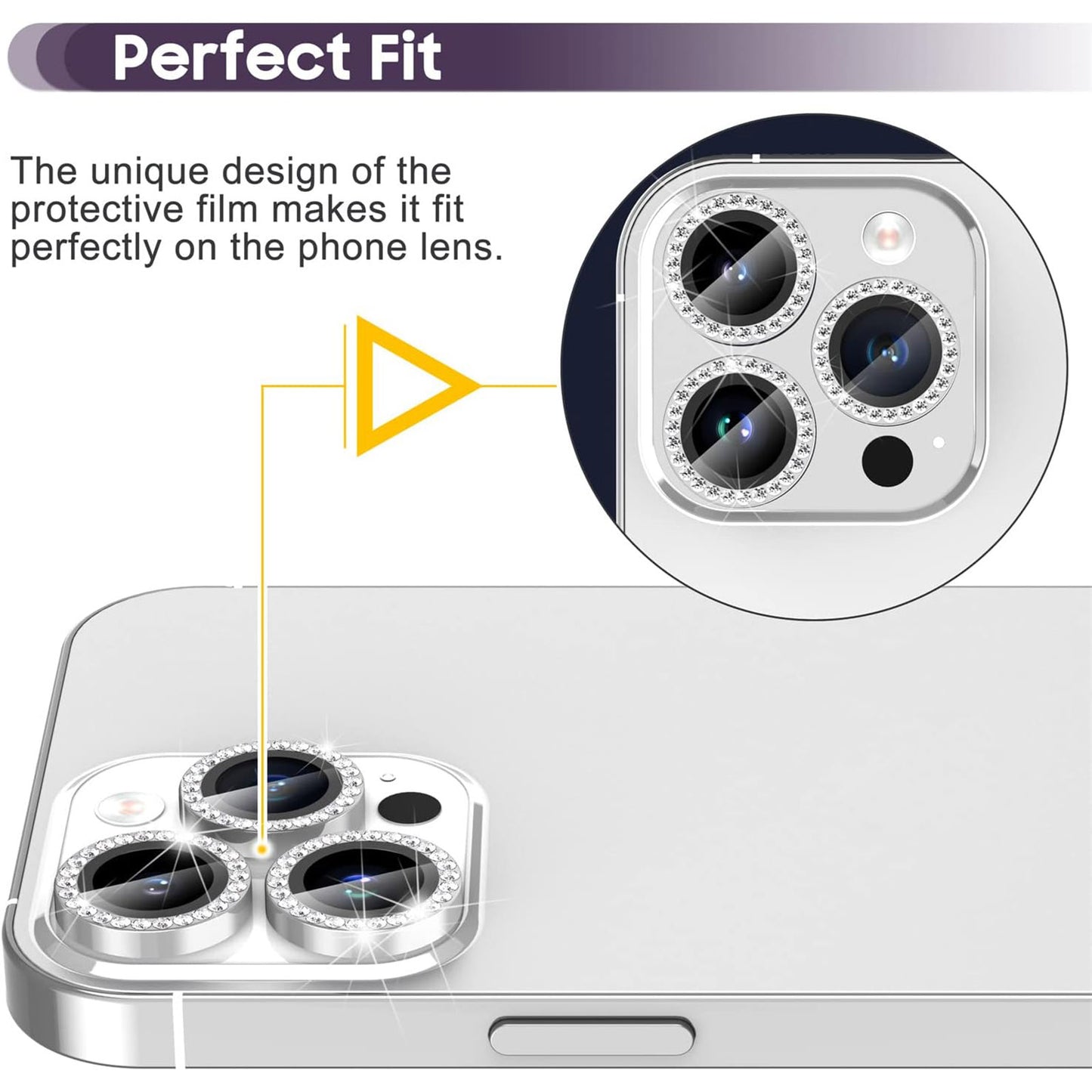 Uniqkart for iPhone 15 Pro / 15 Pro Max Camera Lens Protector Set Metal Rhinestone Ring Tempered Glass Lens Film - Silver