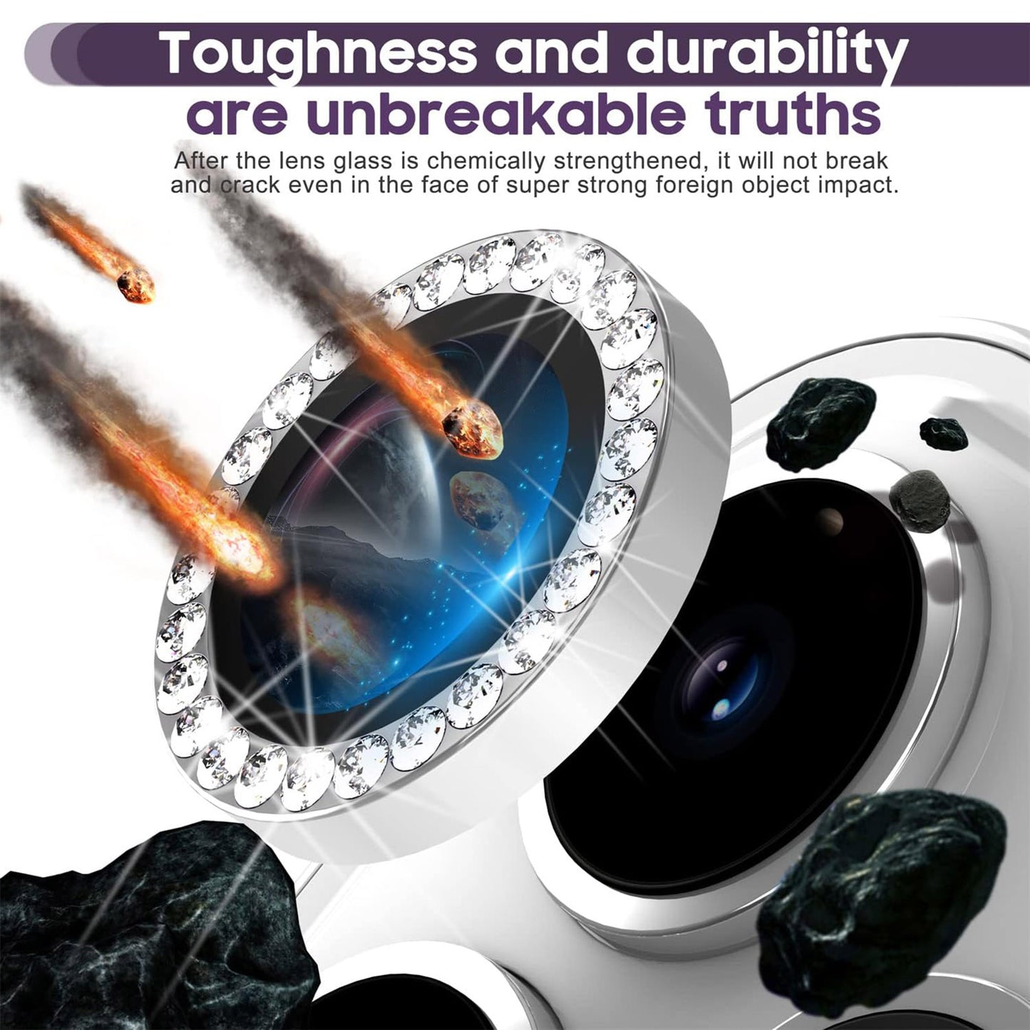 Uniqkart for iPhone 15 Pro / 15 Pro Max Camera Lens Protector Set Metal Rhinestone Ring Tempered Glass Lens Film - Silver