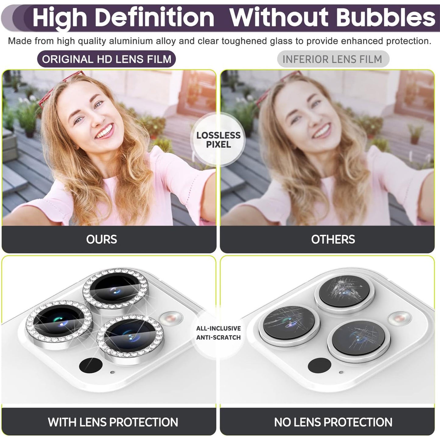 Uniqkart for iPhone 15 Pro / 15 Pro Max Camera Lens Protector Set Metal Rhinestone Ring Tempered Glass Lens Film - Silver