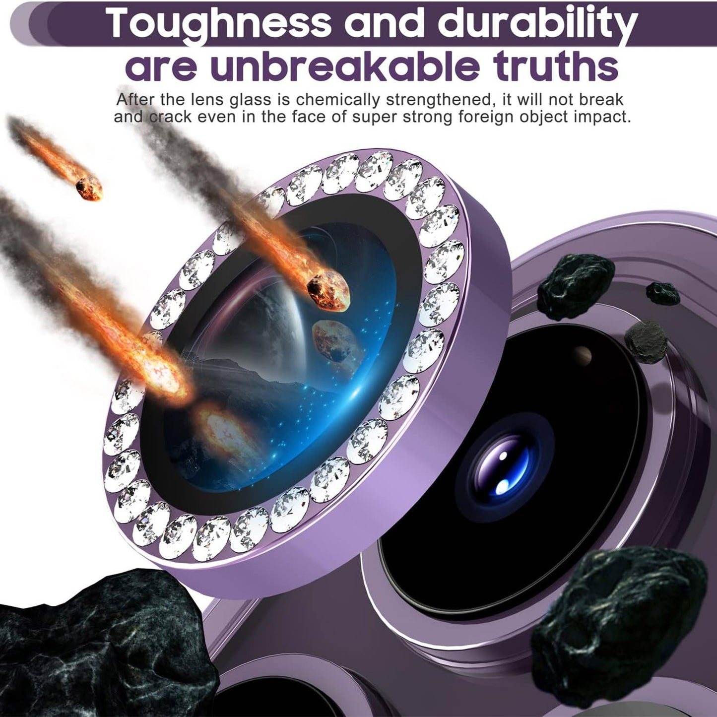 Uniqkart for iPhone 15 Pro / 15 Pro Max Camera Lens Protector Set Metal Rhinestone Ring Tempered Glass Lens Film - Purple