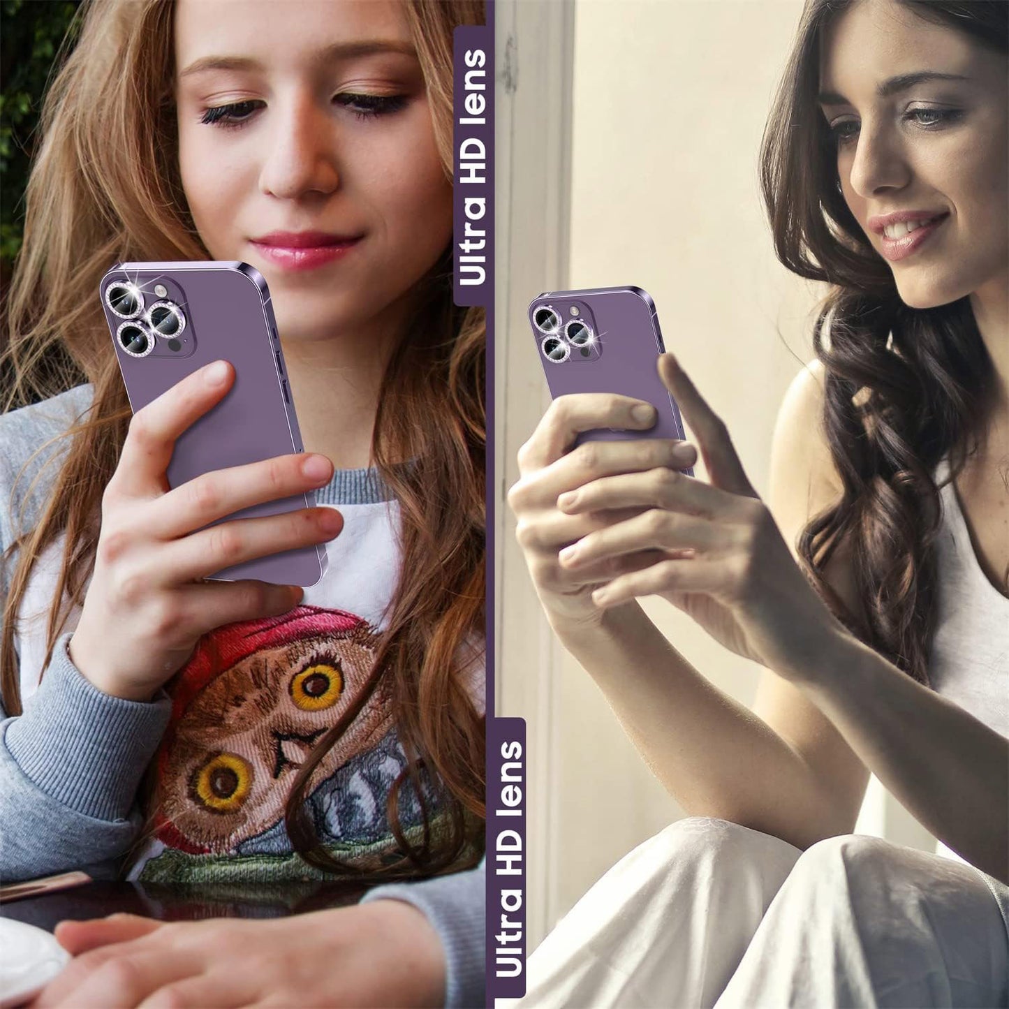 Uniqkart for iPhone 15 Pro / 15 Pro Max Camera Lens Protector Set Metal Rhinestone Ring Tempered Glass Lens Film - Purple