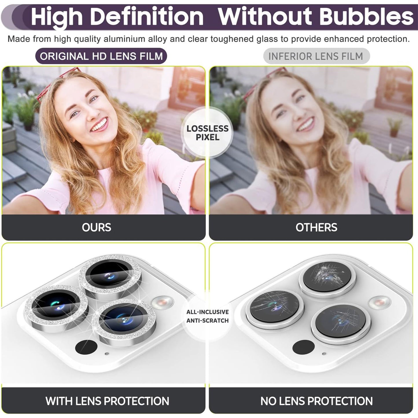 Uniqkart for iPhone 15 Pro / 15 Pro Max Ring Circle Lens Film Set Glitter Metal+Tempered Glass Camera Lens Protector - Silver