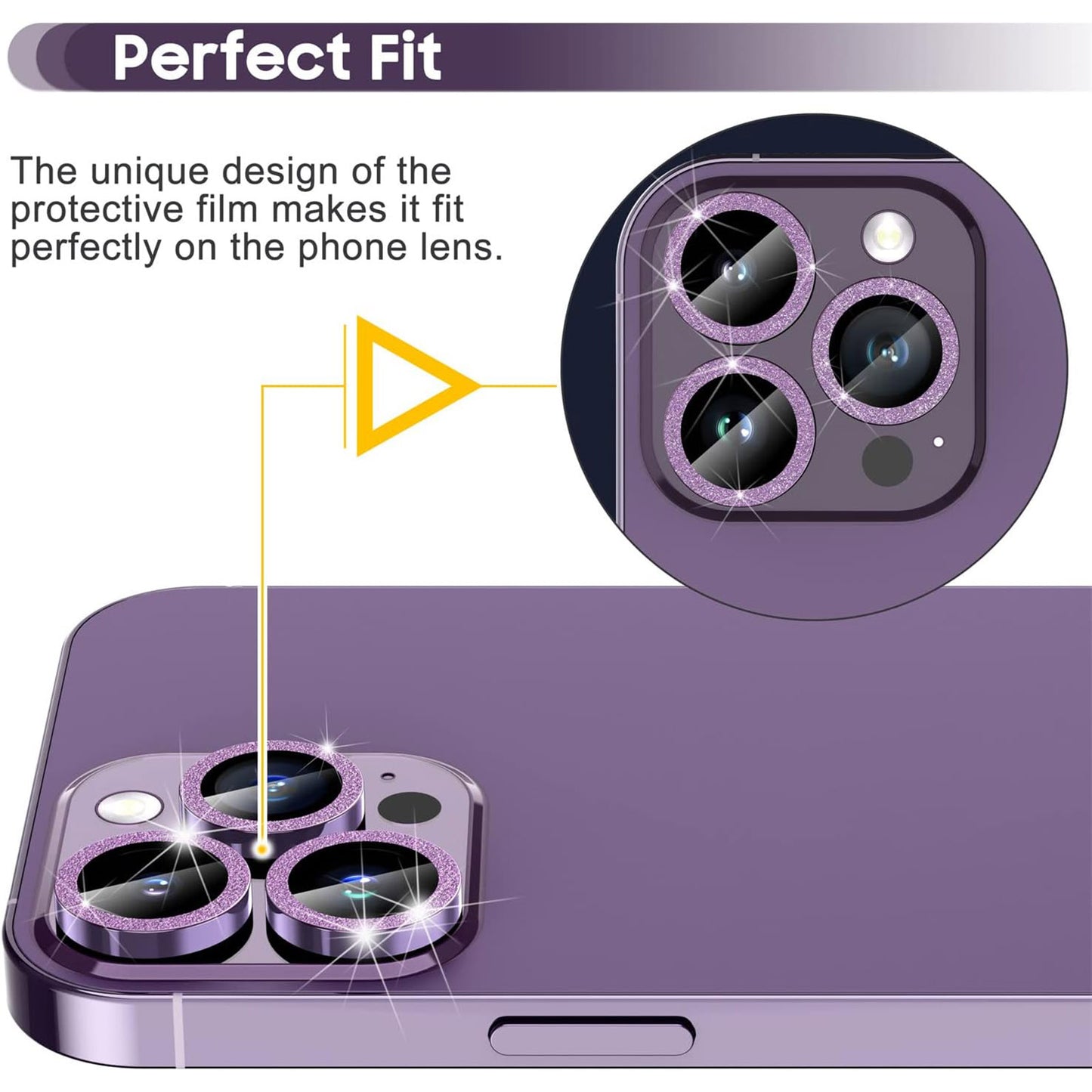 Uniqkart for iPhone 15 Pro / 15 Pro Max Ring Circle Lens Film Set Glitter Metal+Tempered Glass Camera Lens Protector - Purple