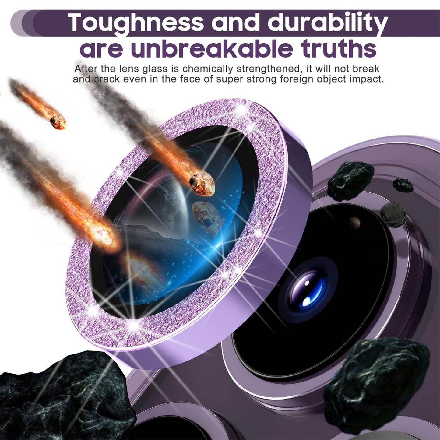 Uniqkart for iPhone 15 Pro / 15 Pro Max Ring Circle Lens Film Set Glitter Metal+Tempered Glass Camera Lens Protector - Purple