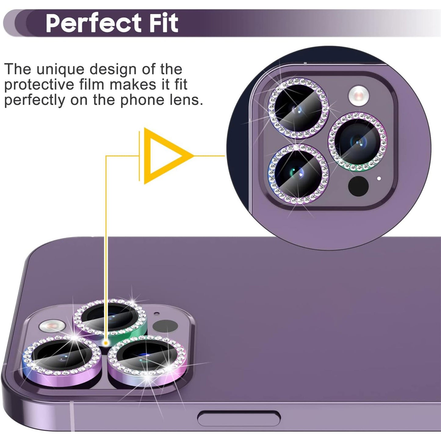 Uniqkart for iPhone 15 Pro / 15 Pro Max Rhinestone Camera Lens Protector Set Tempered Glass+Colorful Metal Ring Lens Film
