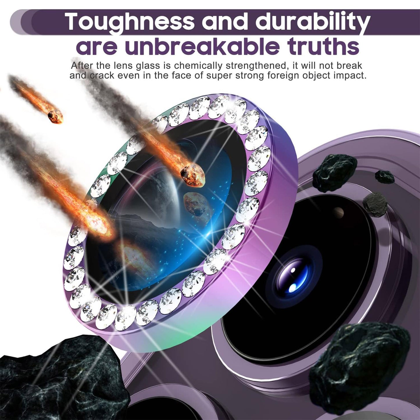 Uniqkart for iPhone 15 Pro / 15 Pro Max Rhinestone Camera Lens Protector Set Tempered Glass+Colorful Metal Ring Lens Film