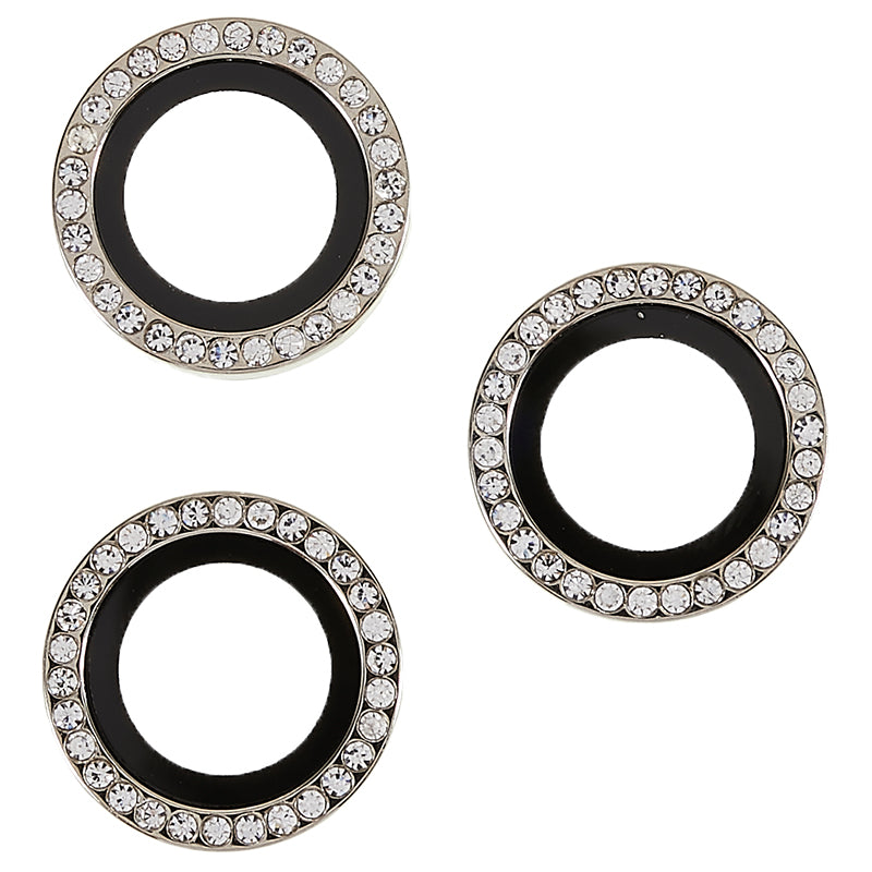 Uniqkart for iPhone 15 Pro / 15 Pro Max Camera Lens Protector Rhinestone Metal Frame + Tempered Glass Rear Lens Film - Silver