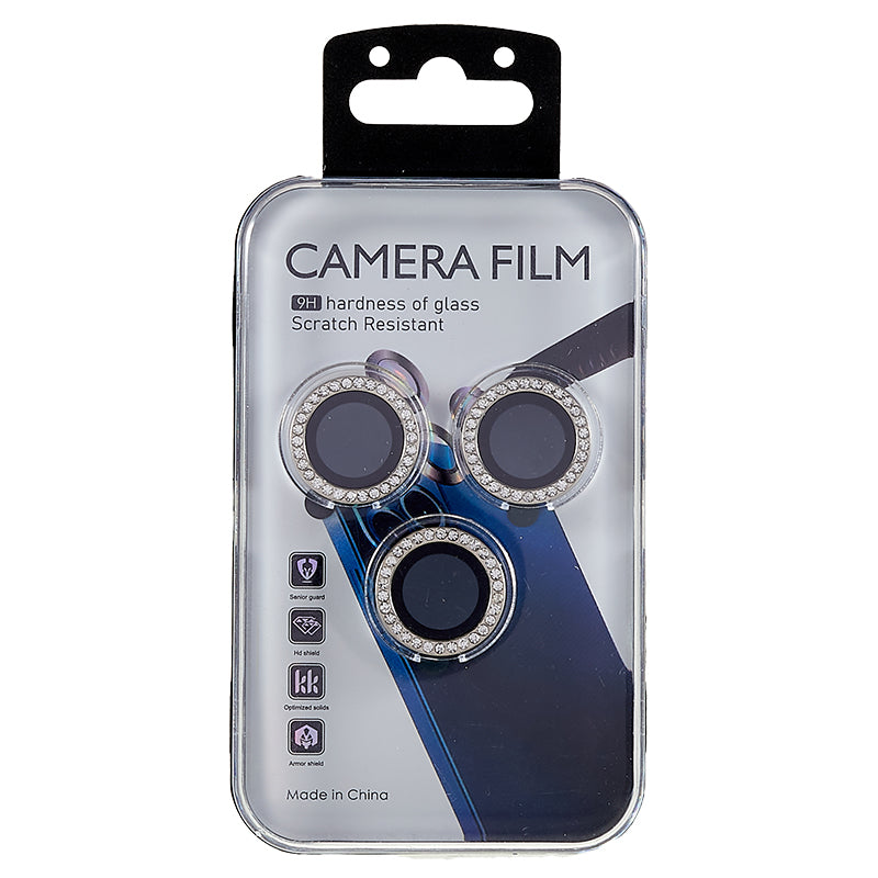 Uniqkart for iPhone 15 Pro / 15 Pro Max Camera Lens Protector Rhinestone Metal Frame + Tempered Glass Rear Lens Film - Silver