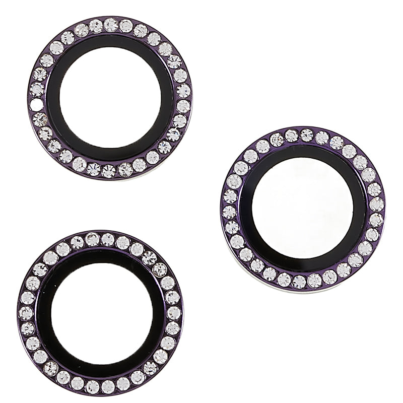 Uniqkart for iPhone 15 Pro / 15 Pro Max Camera Lens Protector Rhinestone Metal Frame + Tempered Glass Rear Lens Film - Purple