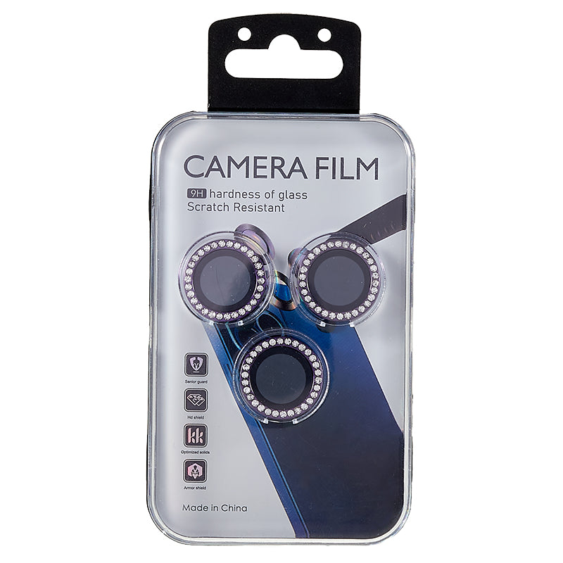 Uniqkart for iPhone 15 Pro / 15 Pro Max Camera Lens Protector Rhinestone Metal Frame + Tempered Glass Rear Lens Film - Purple