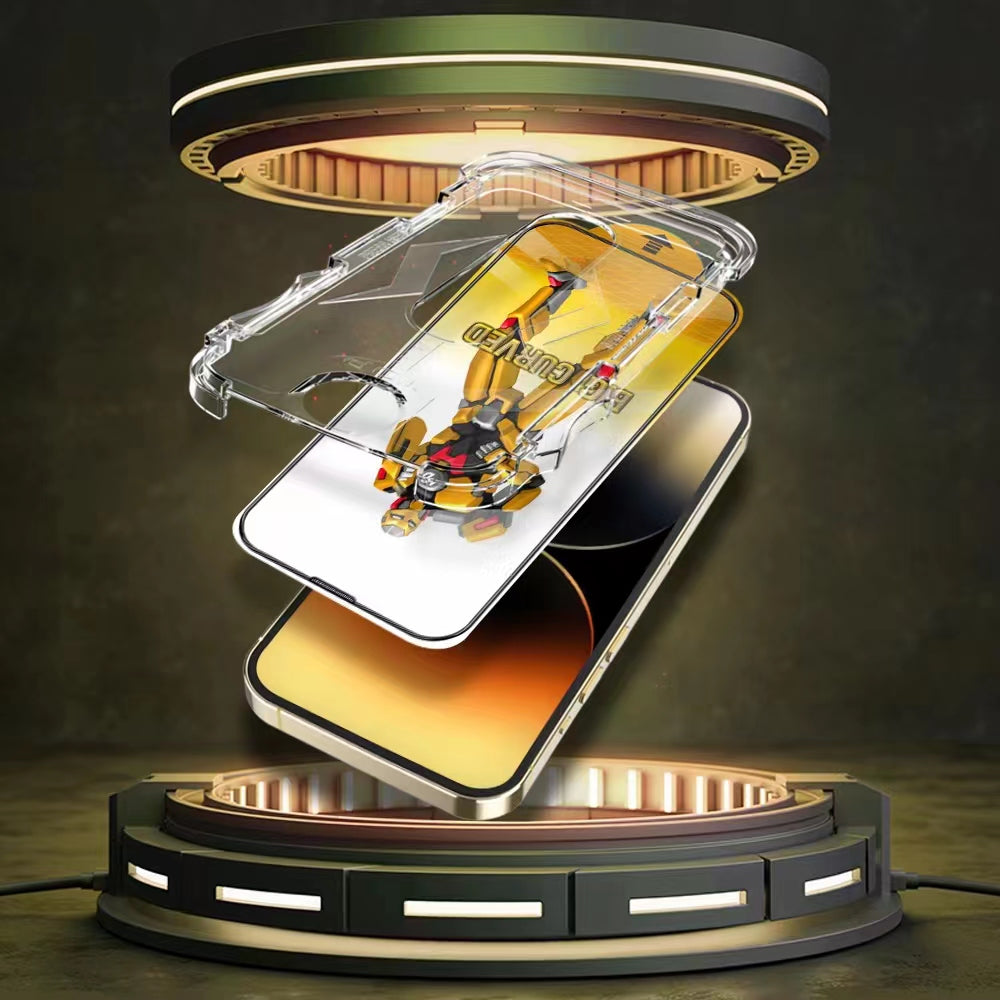 Uniqkart For iPhone 15 Pro Max Large Arc Edge Screen Protector HD Clear Tempered Glass Film with Dust-proof Net