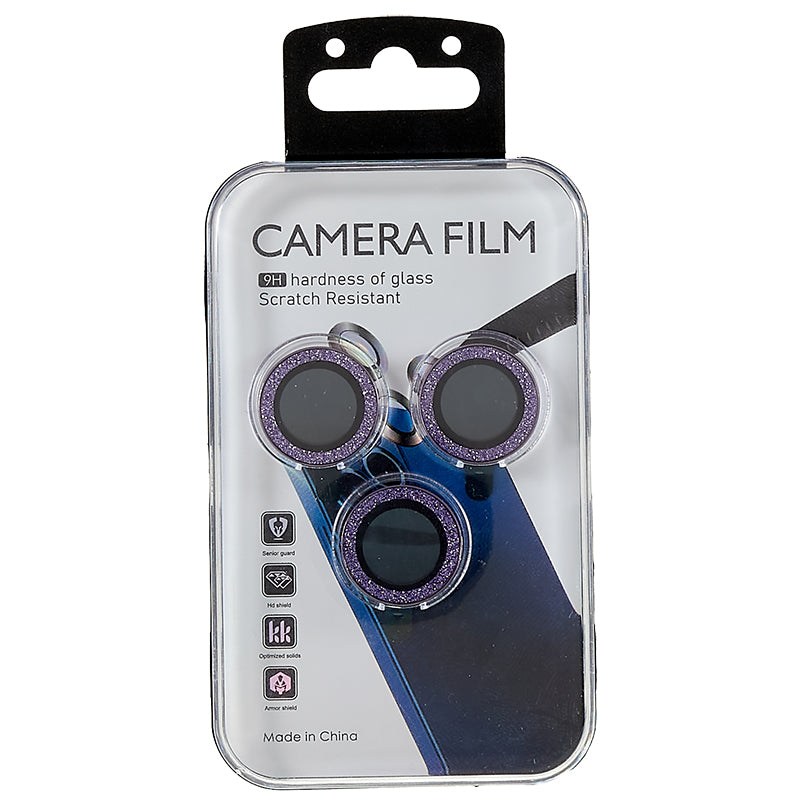 Uniqkart for iPhone 15 Pro / 15 Pro Max Camera Lens Protector Set Tempered Glass Glitter Bling Ring Lens Film - Purple