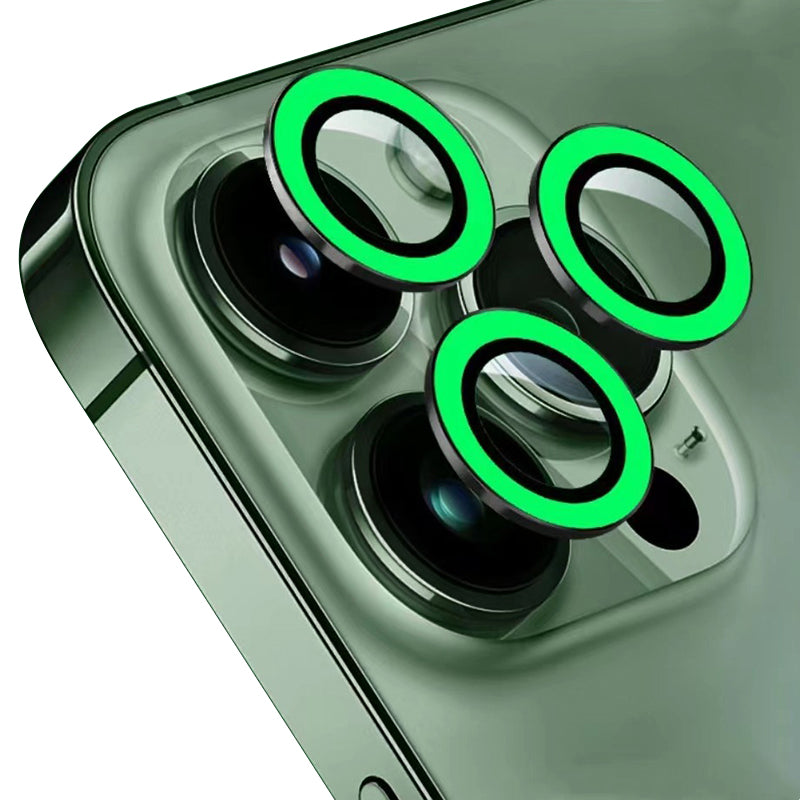 Uniqkart for iPhone 15 Pro / 15 Pro Max Luminous Camera Lens Protector Set Tempered Glass Individual Ring Lens Film - Green