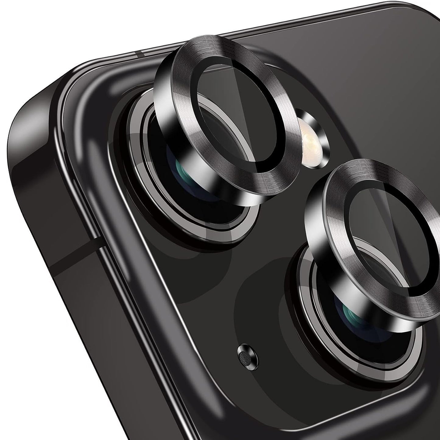 Uniqkart for iPhone 15 / 15 Plus Camera Lens Protector Set CD Vein Tempered Glass + Metal Ring Lens Film - Black