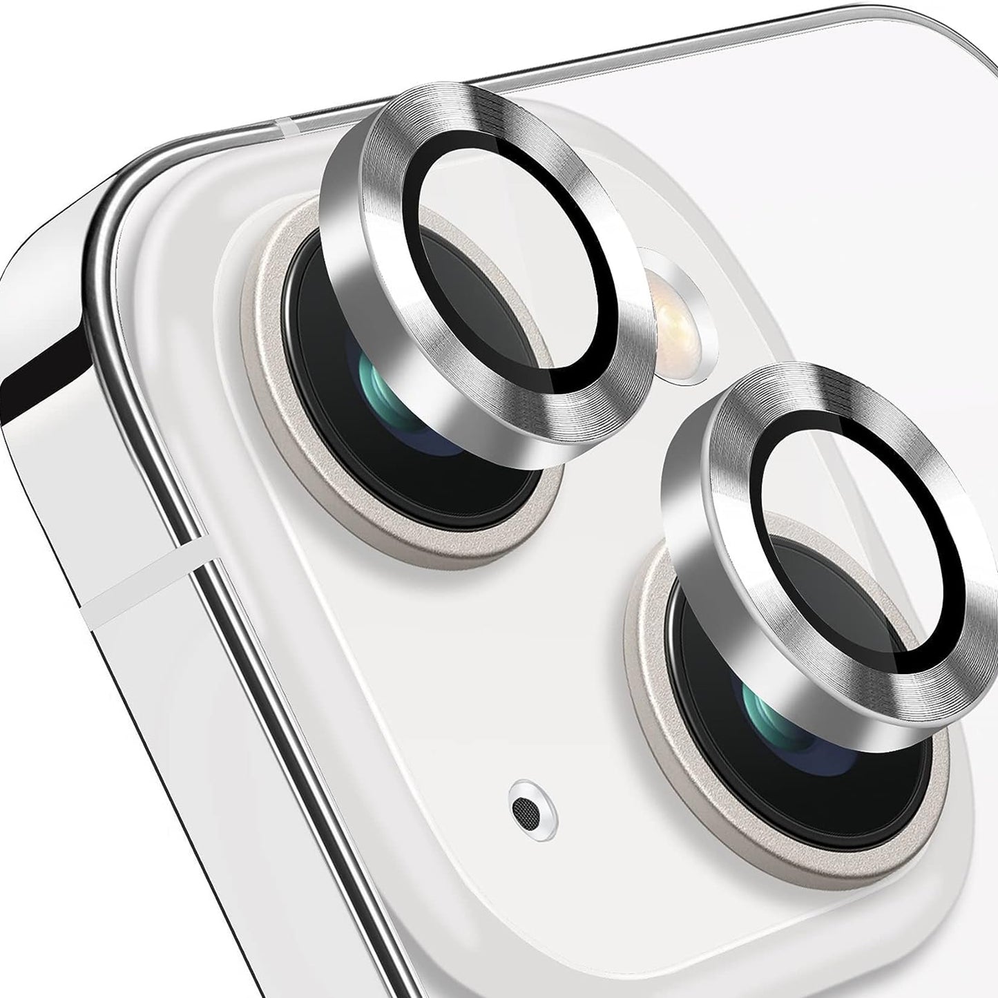 Uniqkart for iPhone 15 / 15 Plus Camera Lens Protector Set CD Vein Tempered Glass + Metal Ring Lens Film - Silver