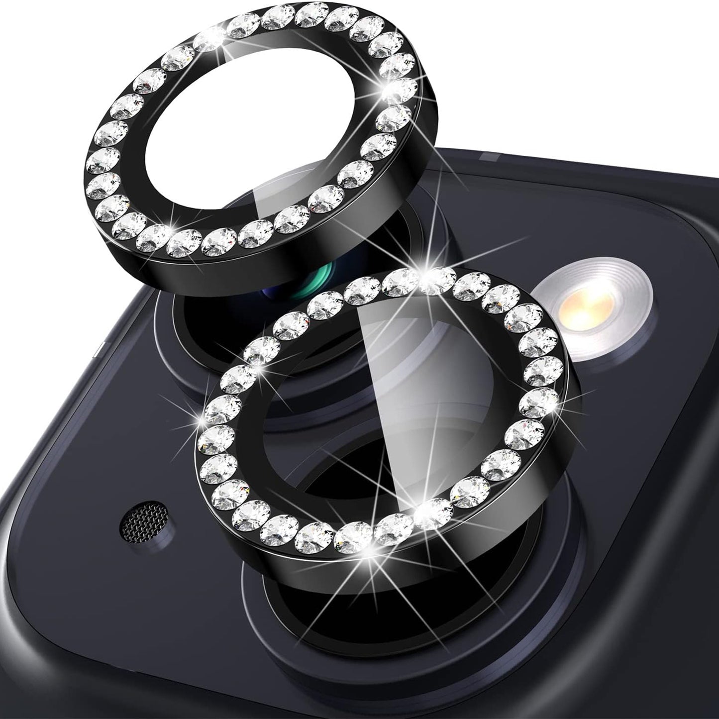 Uniqkart for iPhone 15 / 15 Plus Rhinestone Decor Camera Lens Protector Set Tempered Glass+Metal Ring Cover Lens Film - Black