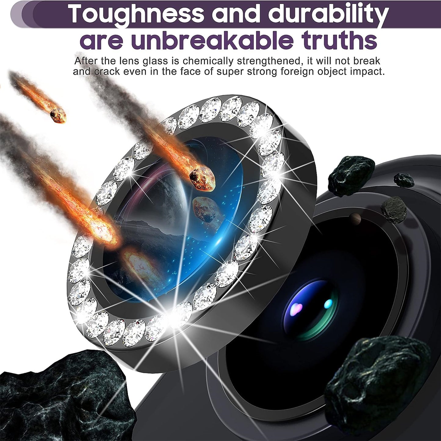 Uniqkart for iPhone 15 / 15 Plus Rhinestone Decor Camera Lens Protector Set Tempered Glass+Metal Ring Cover Lens Film - Black