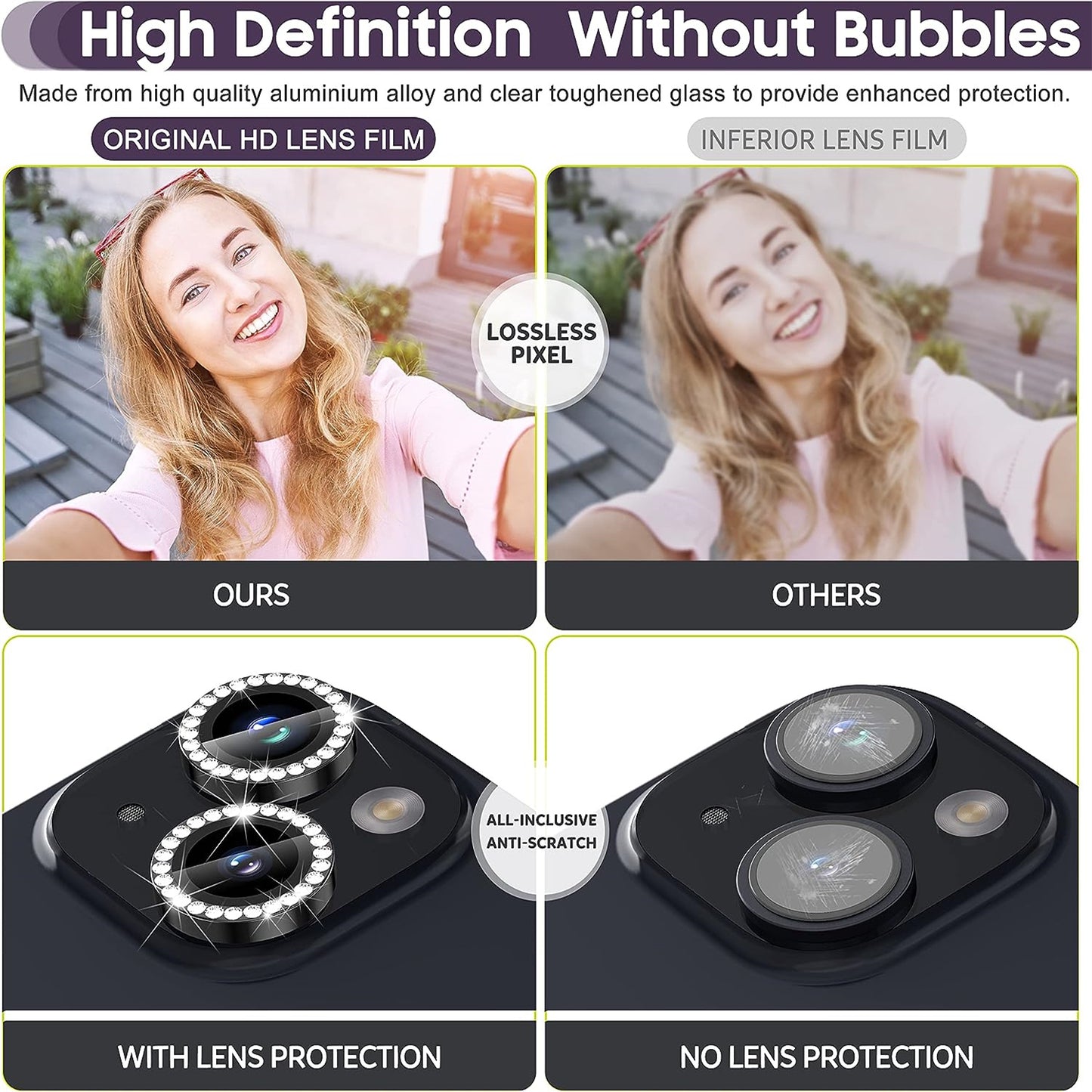 Uniqkart for iPhone 15 / 15 Plus Rhinestone Decor Camera Lens Protector Set Tempered Glass+Metal Ring Cover Lens Film - Black