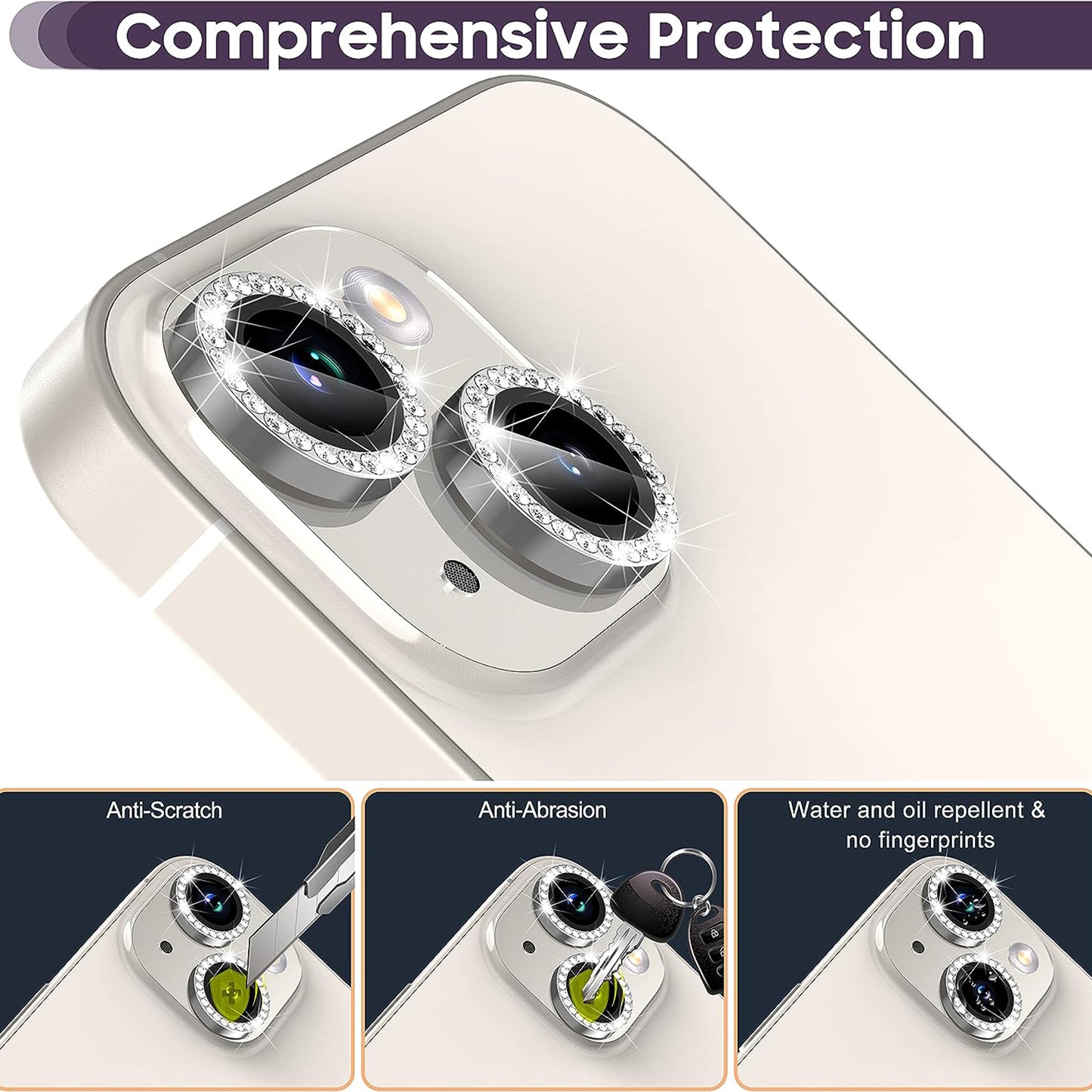 Uniqkart for iPhone 15 / 15 Plus Rhinestone Decor Camera Lens Protector Set Tempered Glass+Metal Ring Cover Lens Film - Silver