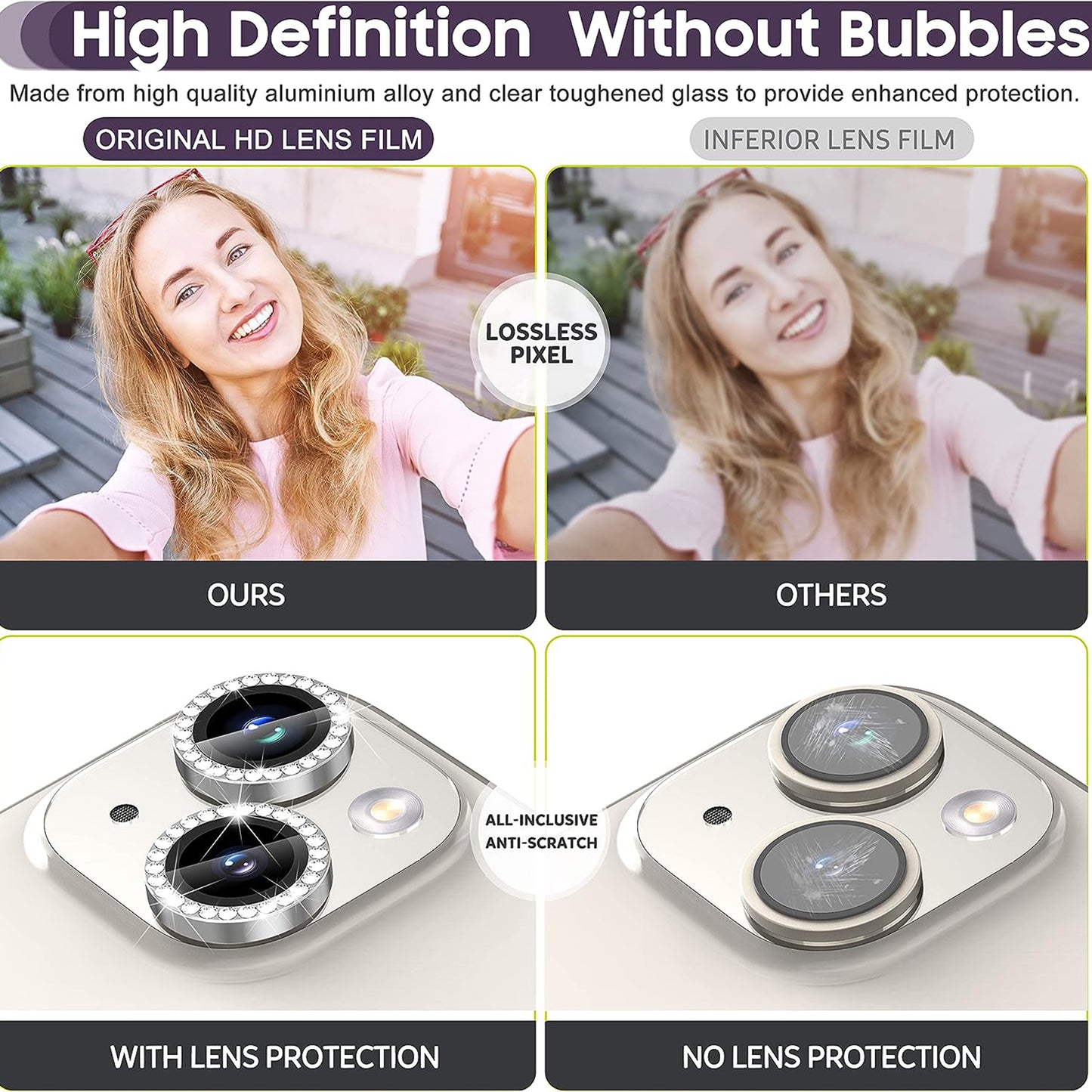 Uniqkart for iPhone 15 / 15 Plus Rhinestone Decor Camera Lens Protector Set Tempered Glass+Metal Ring Cover Lens Film - Silver