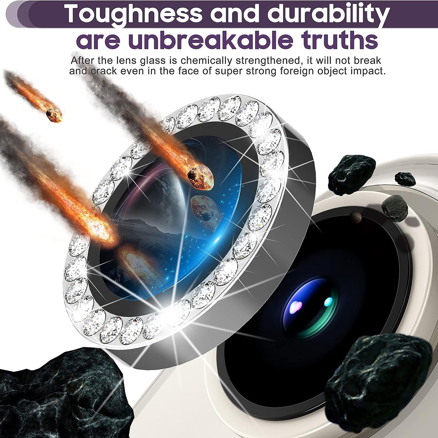 Uniqkart for iPhone 15 / 15 Plus Rhinestone Decor Camera Lens Protector Set Tempered Glass+Metal Ring Cover Lens Film - Silver