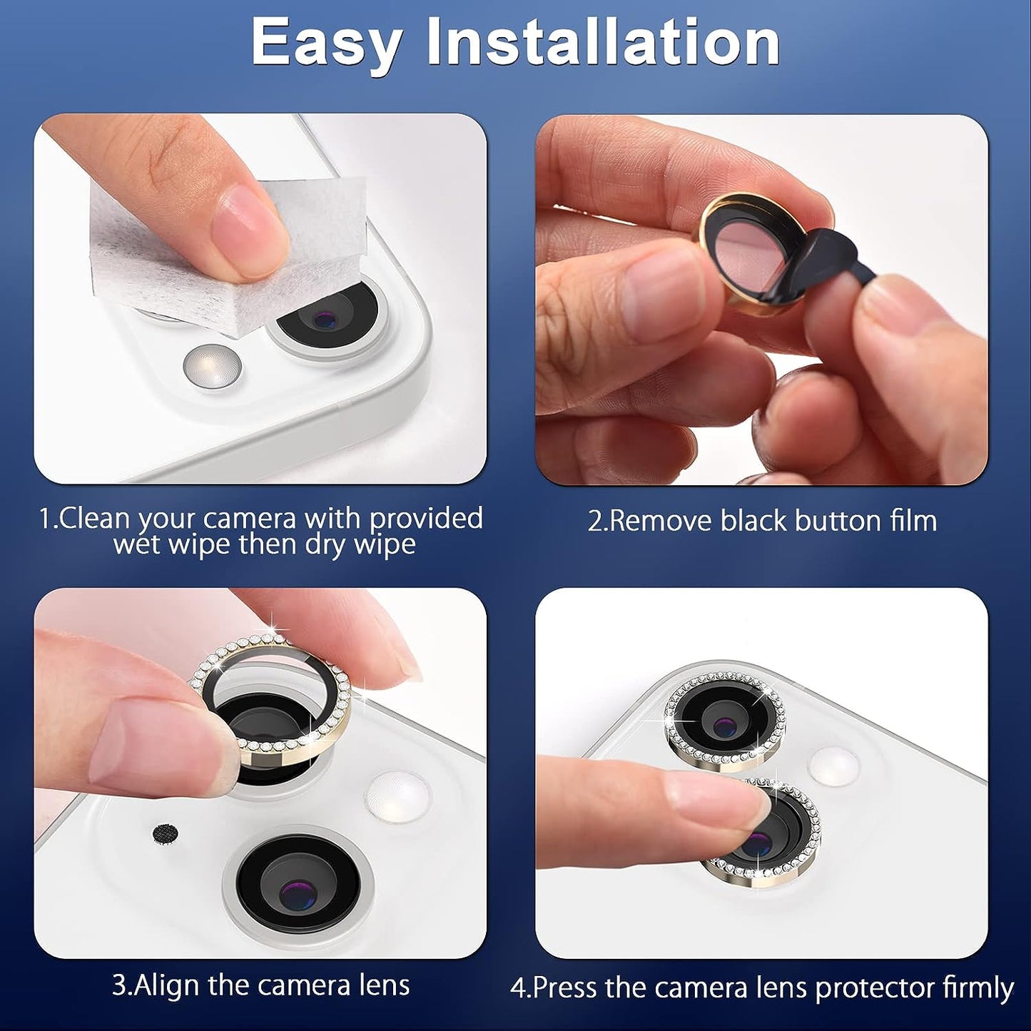 Uniqkart for iPhone 15 / 15 Plus Rhinestone Decor Camera Lens Protector Set Tempered Glass+Metal Ring Cover Lens Film - Gold