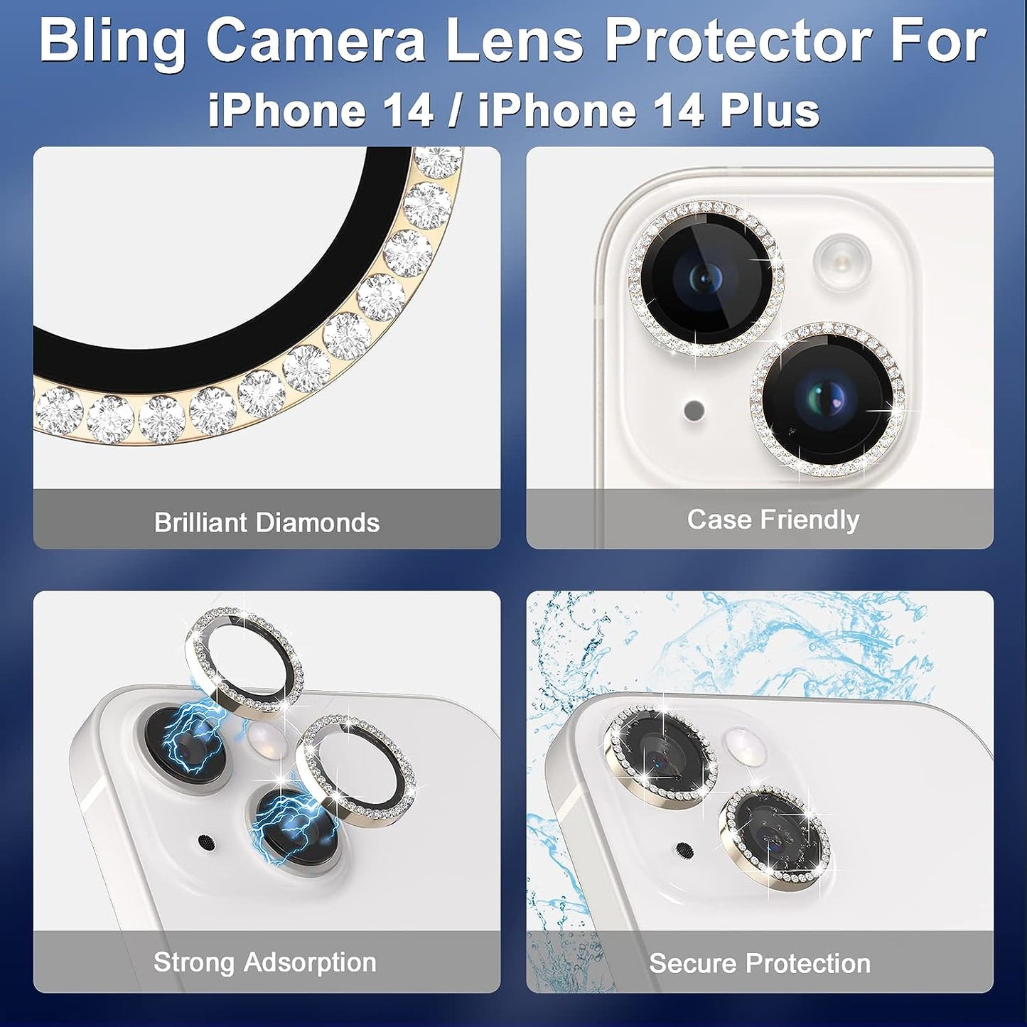 Uniqkart for iPhone 15 / 15 Plus Rhinestone Decor Camera Lens Protector Set Tempered Glass+Metal Ring Cover Lens Film - Gold