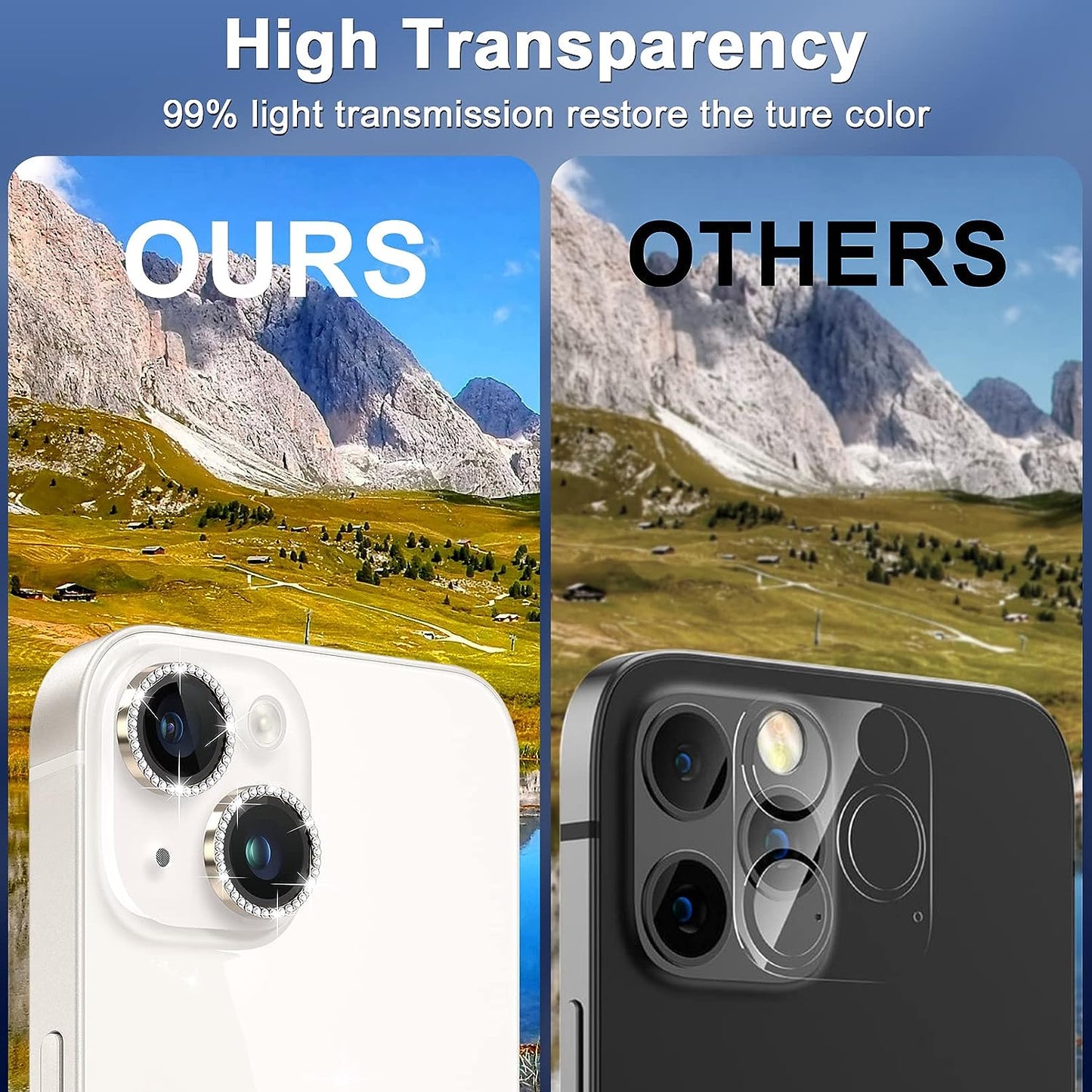 Uniqkart for iPhone 15 / 15 Plus Rhinestone Decor Camera Lens Protector Set Tempered Glass+Metal Ring Cover Lens Film - Gold